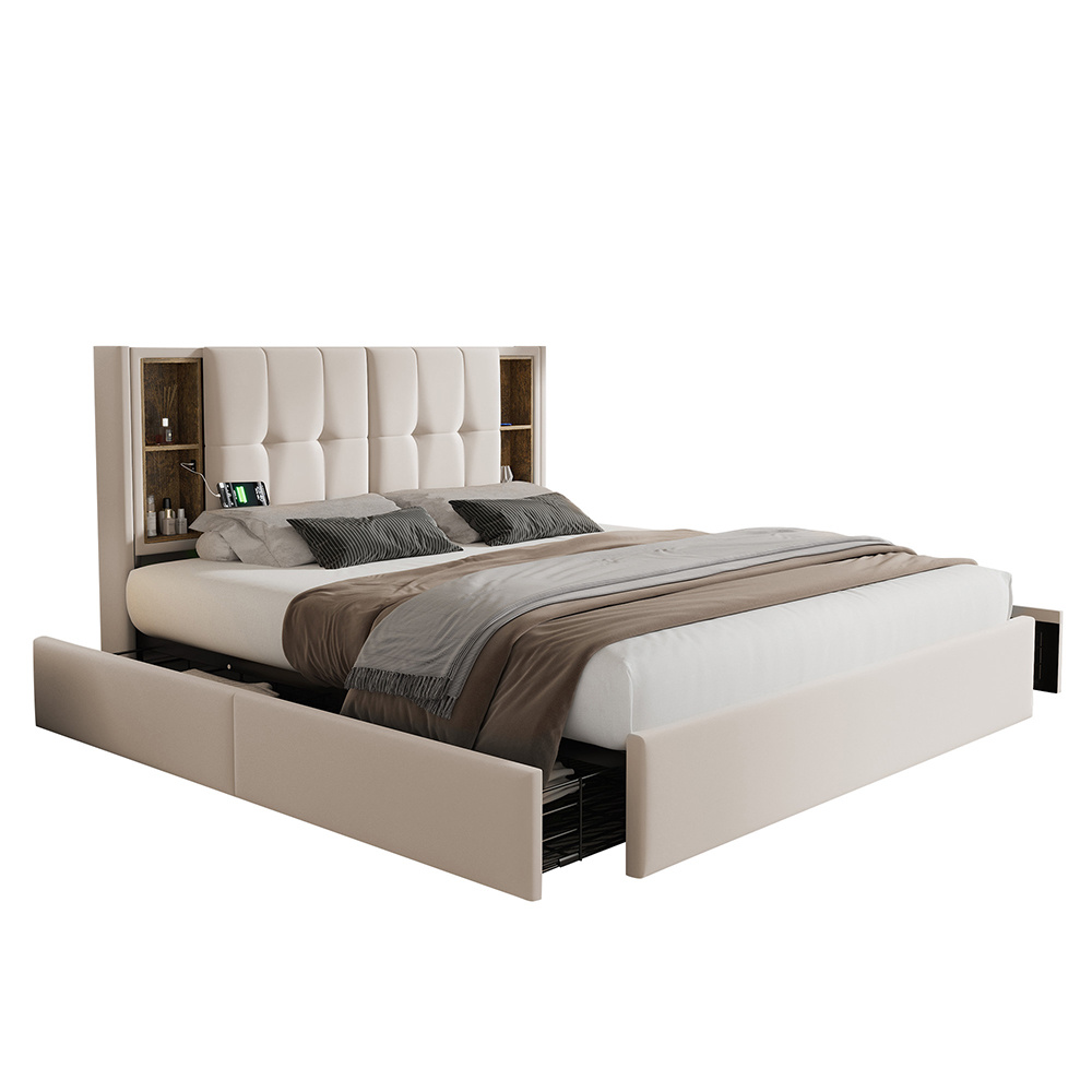 Okwish Lit Rembourré 180x200 Cm, Hydraulique, Lit Coffre Avec Sommier à Lattes Et Tête De Lit, Lit Double Avec 2 Tiroirs, Supports à Lattes En Bois, Velours, Beige