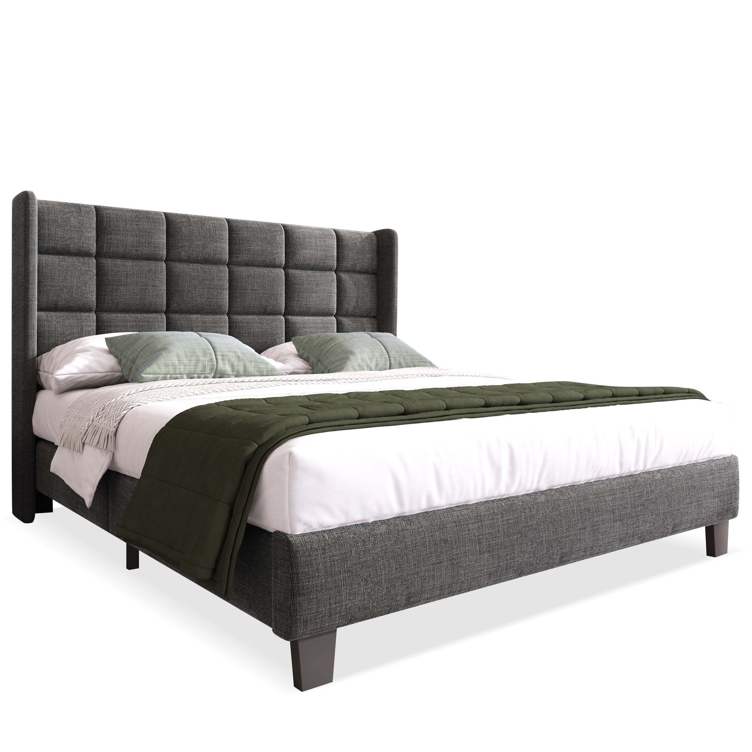 Łóżko tapicerowane z lnu - 140x200cm - z wezgłowiem i stelażem na listwy - Szare - 8