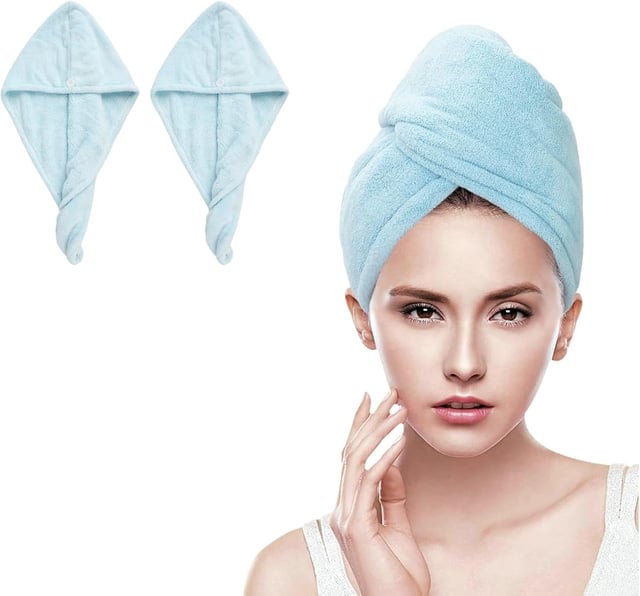 Bandeau turban en microfibre, super absorbant, séchage rapide des cheveux, design à boutons, bleu, 3 pièces