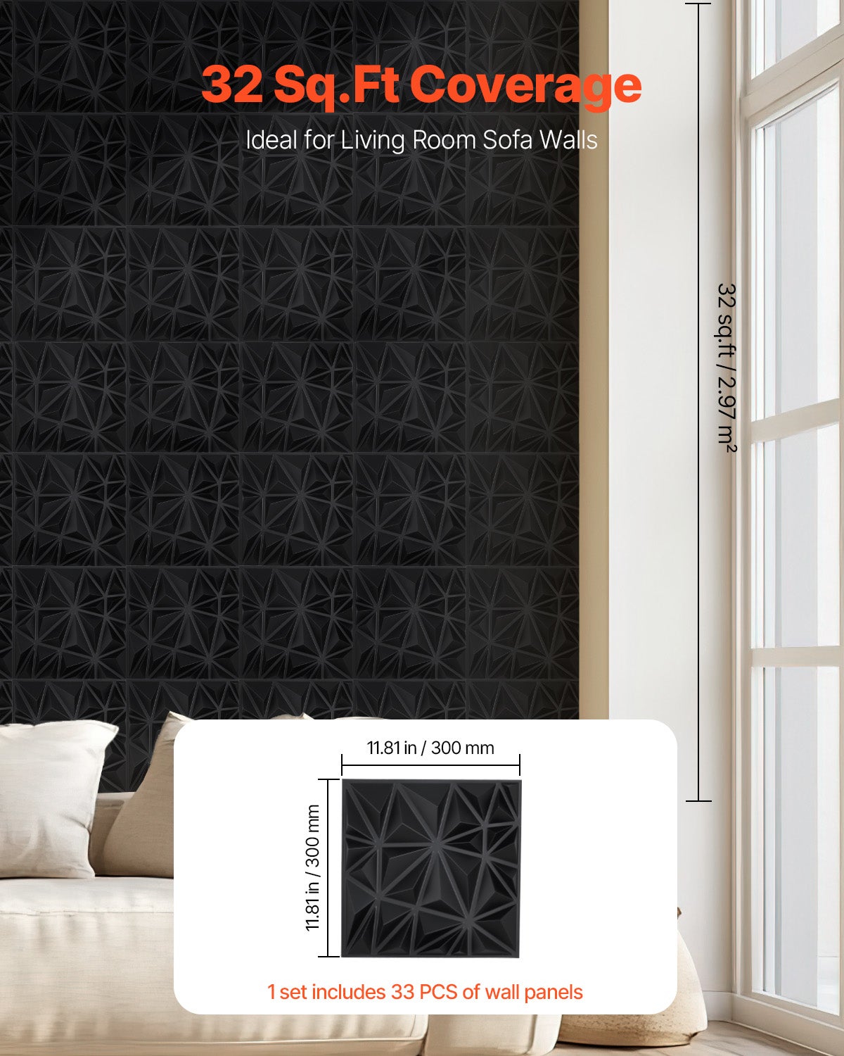 Panneaux muraux VEVOR 3D,33 carreaux diamant PVC 11,81 x 11,81 po,couverture 32 pi²,pour plafond,chambre,salon et salle de jeux,noir mat - 5
