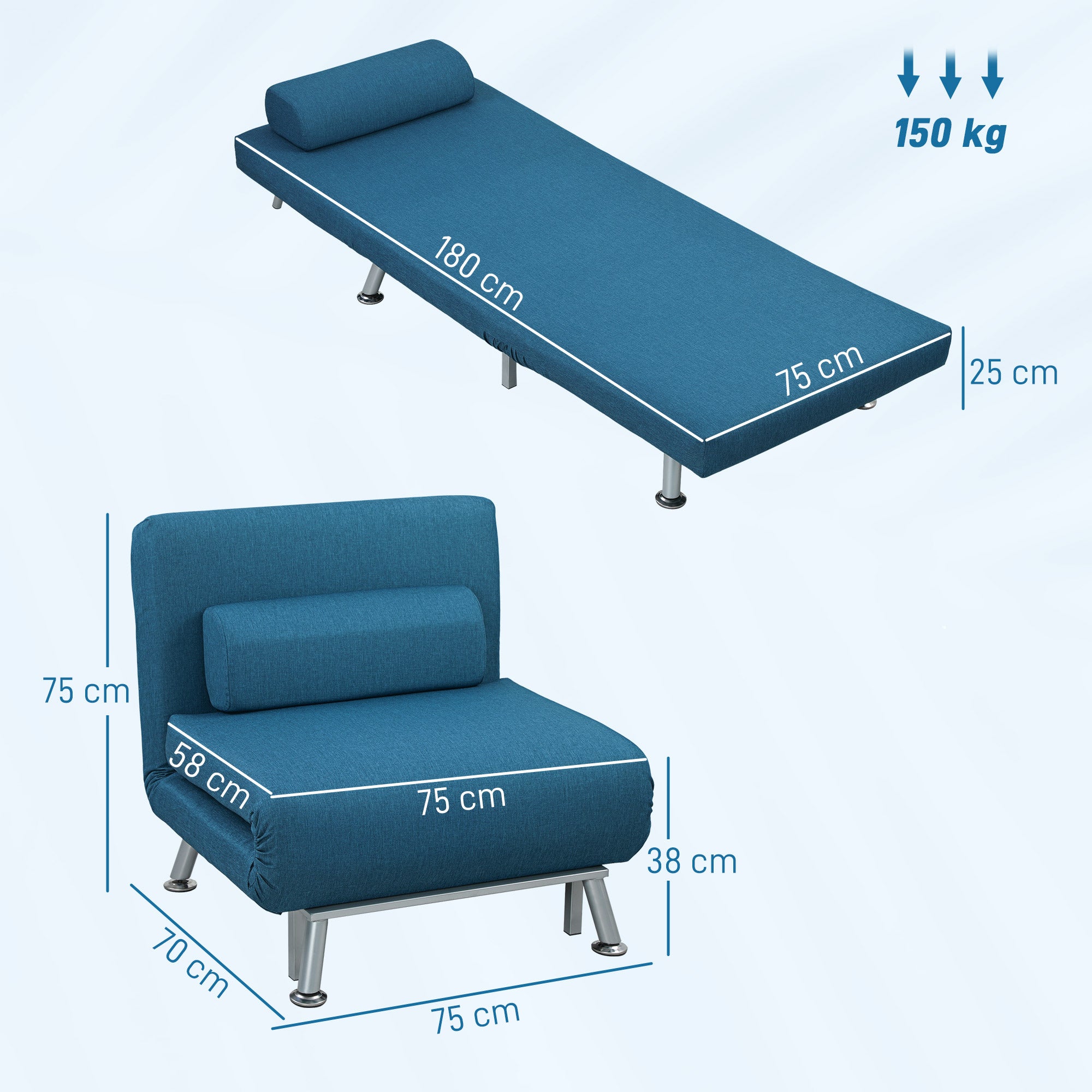 Fauteuil convertible 1 place tissu bleu HOMCOM - 3