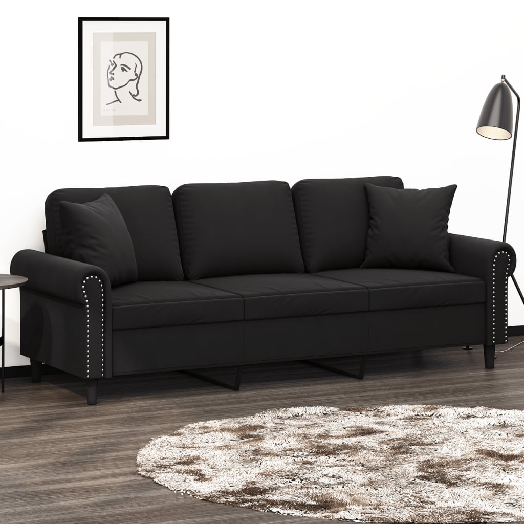 Sofá de 3 plazas con cojines decorativos negros 180 cm de terciopelo