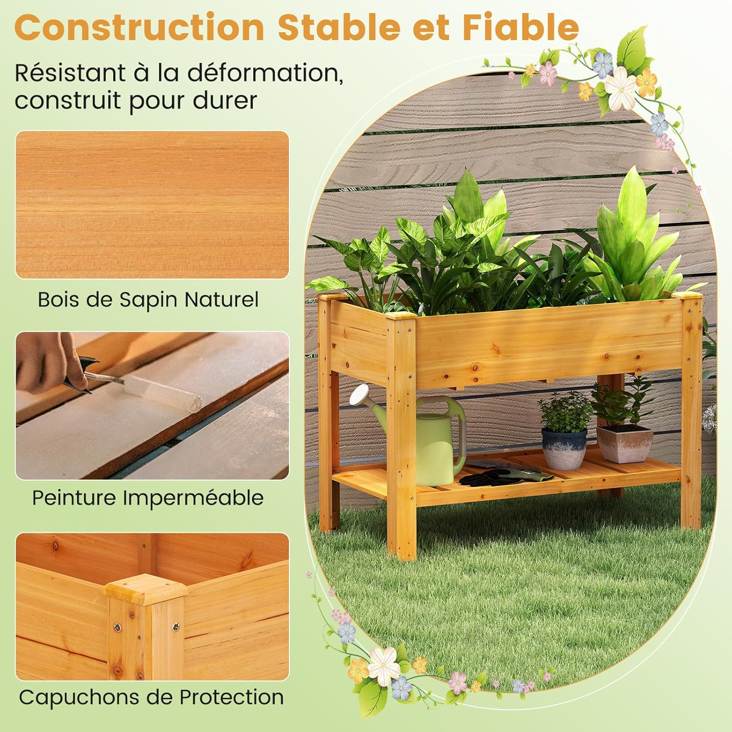 Jardinière Surélevé en Bois avec Trou de Drainage, Lit de Jardin avec Pieds et Étagère, Bac de Culture pour Plantes Fleurs Végétaux (Marron) - 5