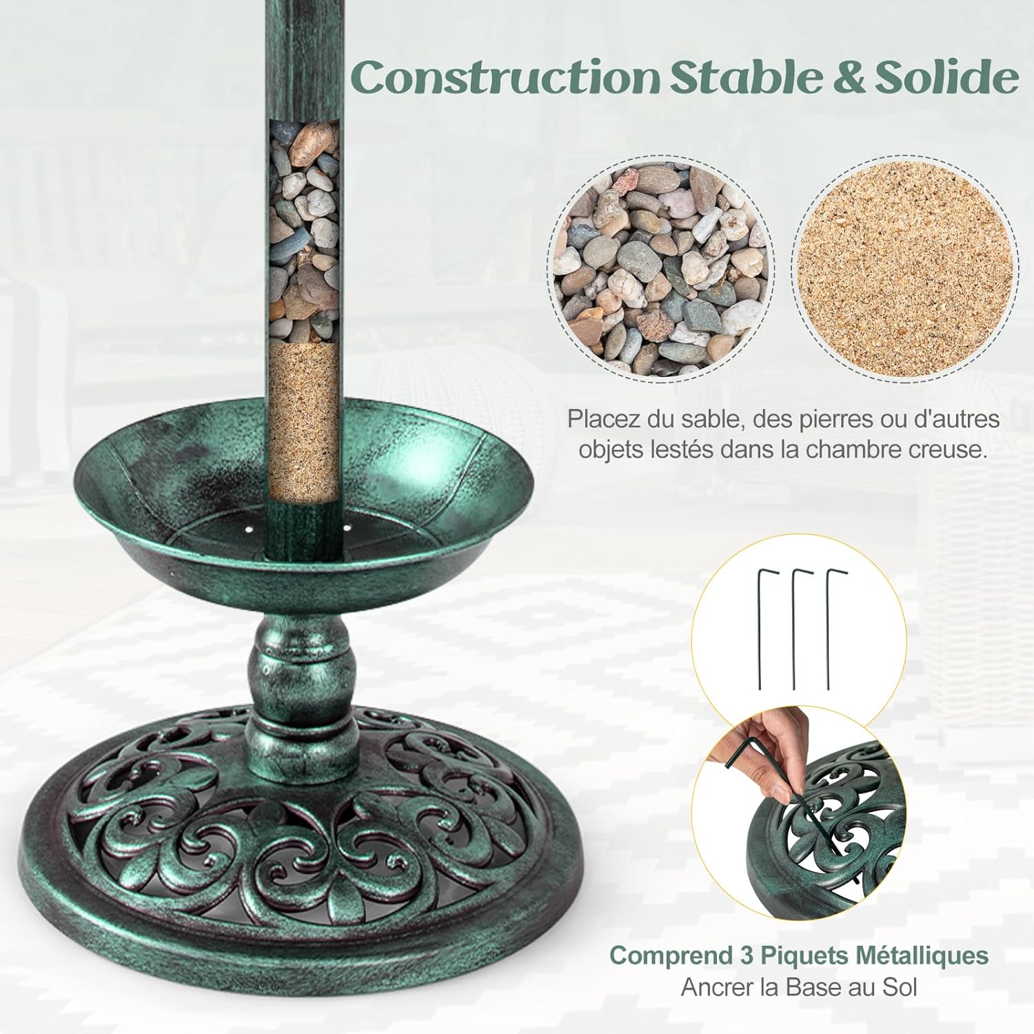 Banho solar para pássaros, comedouro exterior para pássaros com 2 luzes solares, suporte recarregável, 3 estacas para jardim e quintal - 5