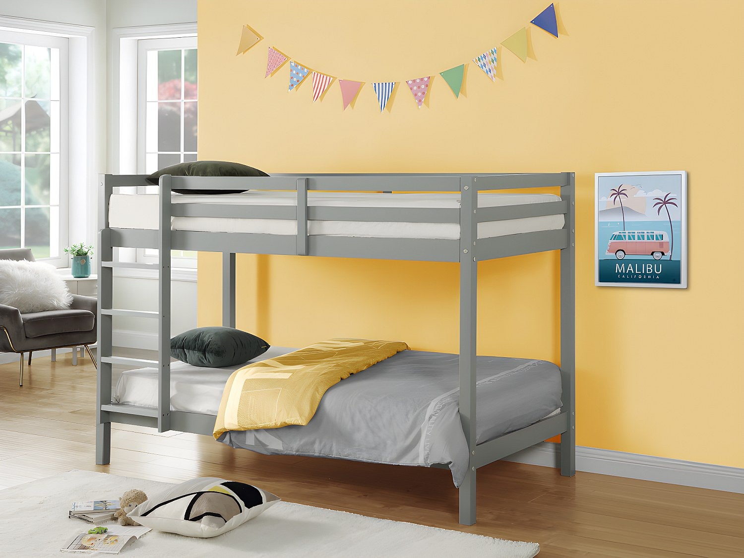 Łóżko piętrowe ANICET II – 2 × 90&amp;nbsp;×&amp;nbsp;190 cm – lite drewno sosnowe – kolor szary