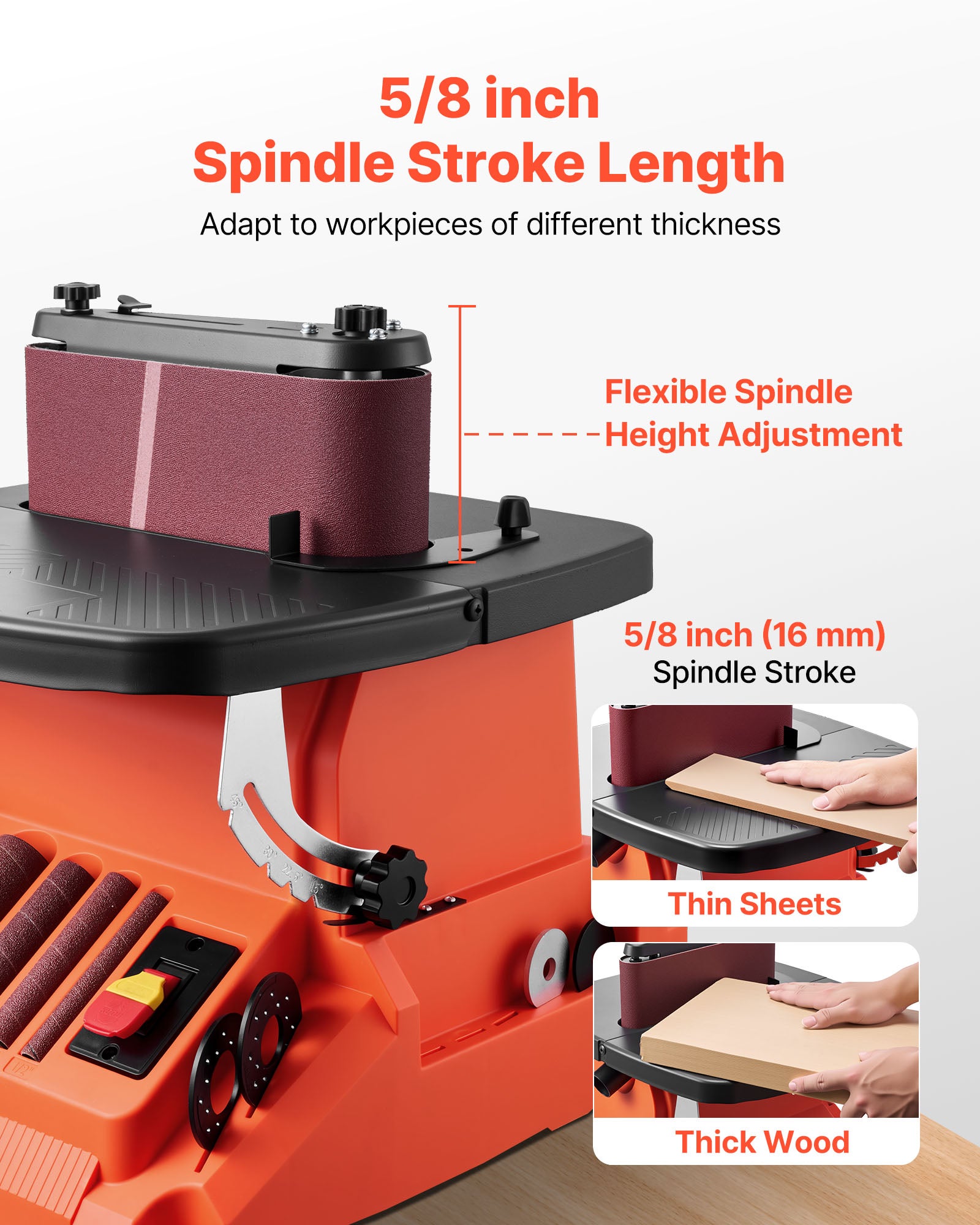 Ponceuse à broche oscillante VEVOR 2000 tr/min, course 16 mm, 5 manchons (12,7–50,8 mm), bande 610x98 mm, pour bois, meubles, bricolage - 4