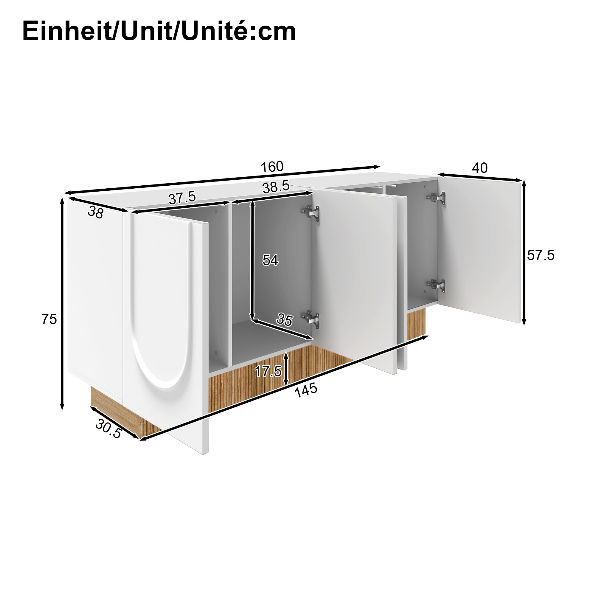 Buffet moderne avec 4 portes - 160 x 75 x 38 cm - Panneau de particules - pour salon, salle à manger - Blanc et bois - 5