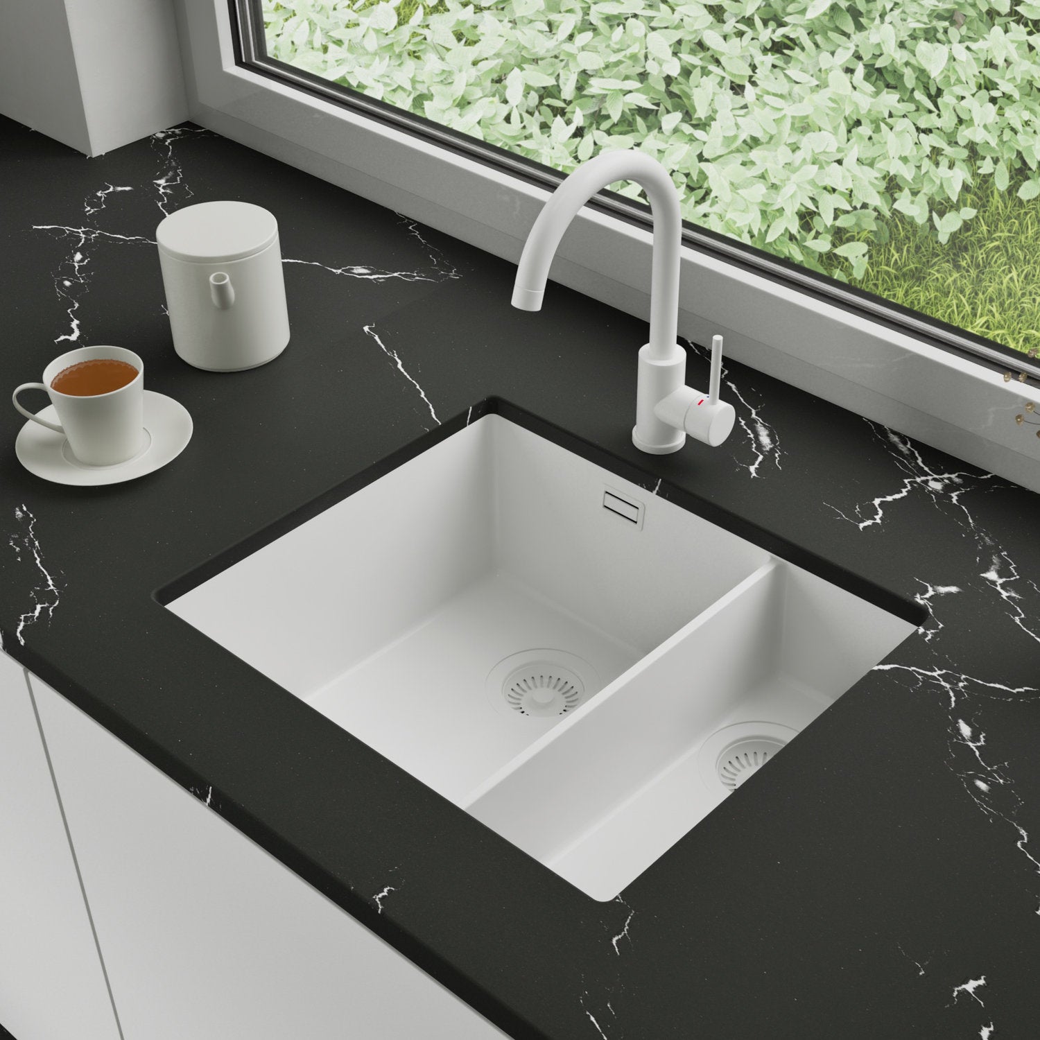 Zlewozmywak podblatowy 56x47cm, do szafki od 60cm + Bateria + Syfon - Agate Cały Biały STONESTYLE