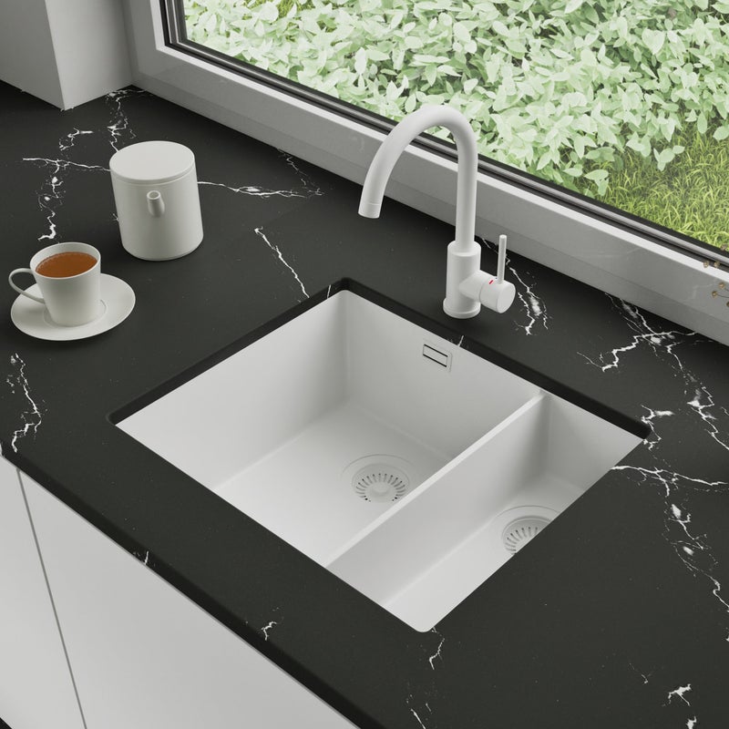 Zlewozmywak podblatowy 56x47cm, do szafki od 60cm + Bateria + Syfon - Agate Cały Biały STONESTYLE