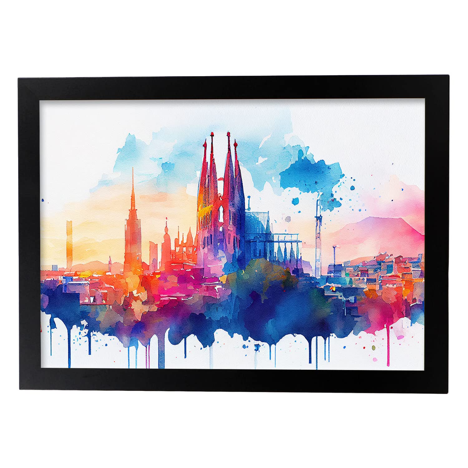Nacnic poster de barcelona en estilo acuarela originales ilustraciones a todo color de ciudades y monumentos del mundo y modelo 1 a3 con marco negro