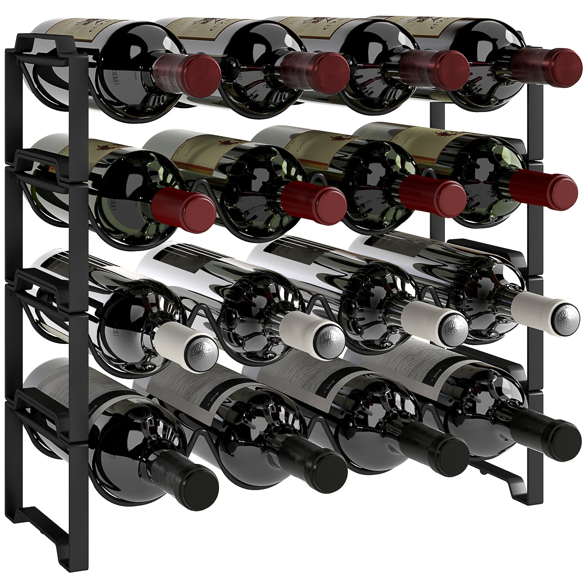 4-tier wine rack, freestanding rack for 16 wine bottles, metal, black ...