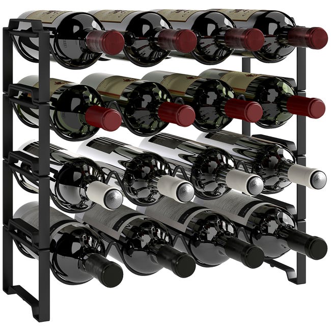 4-tier wine rack, freestanding rack for 16 wine bottles, metal, black ...