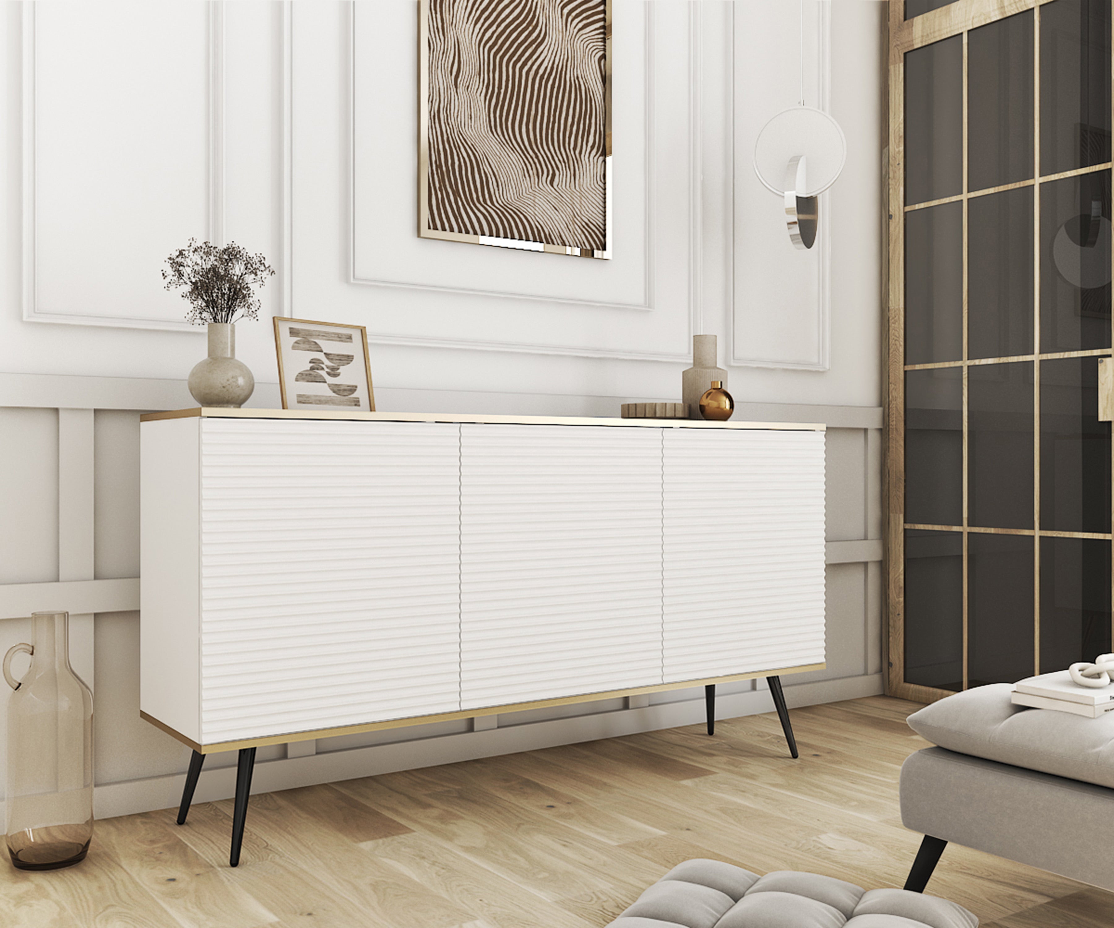 Efektowna biała komoda z czarnymi nogami, 160 x 85 x 39 - 2