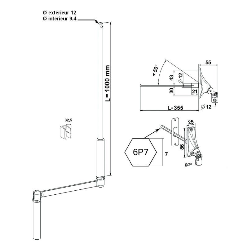 Manivelle de volet roulant 1300 mm Ø 12 mm avec sortie 6P7 à 90° - 2