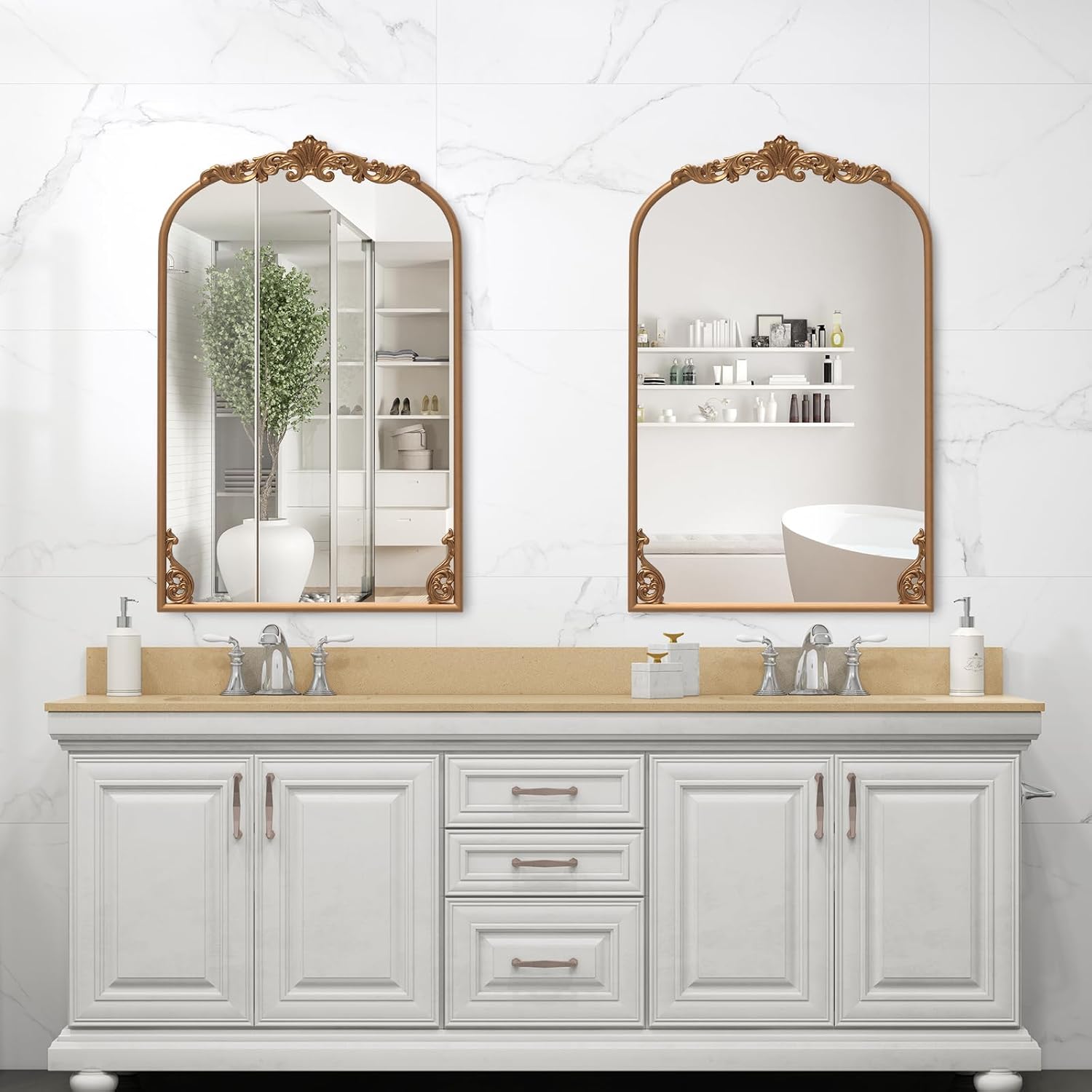 Miroir Mural Doré Vintage, Miroir Arqué Décoratif avec Cadre Baroque Orné, Métal Robuste, Décoration Murale pour Entrée, Salon, Couloir (61x90 cm) - 5