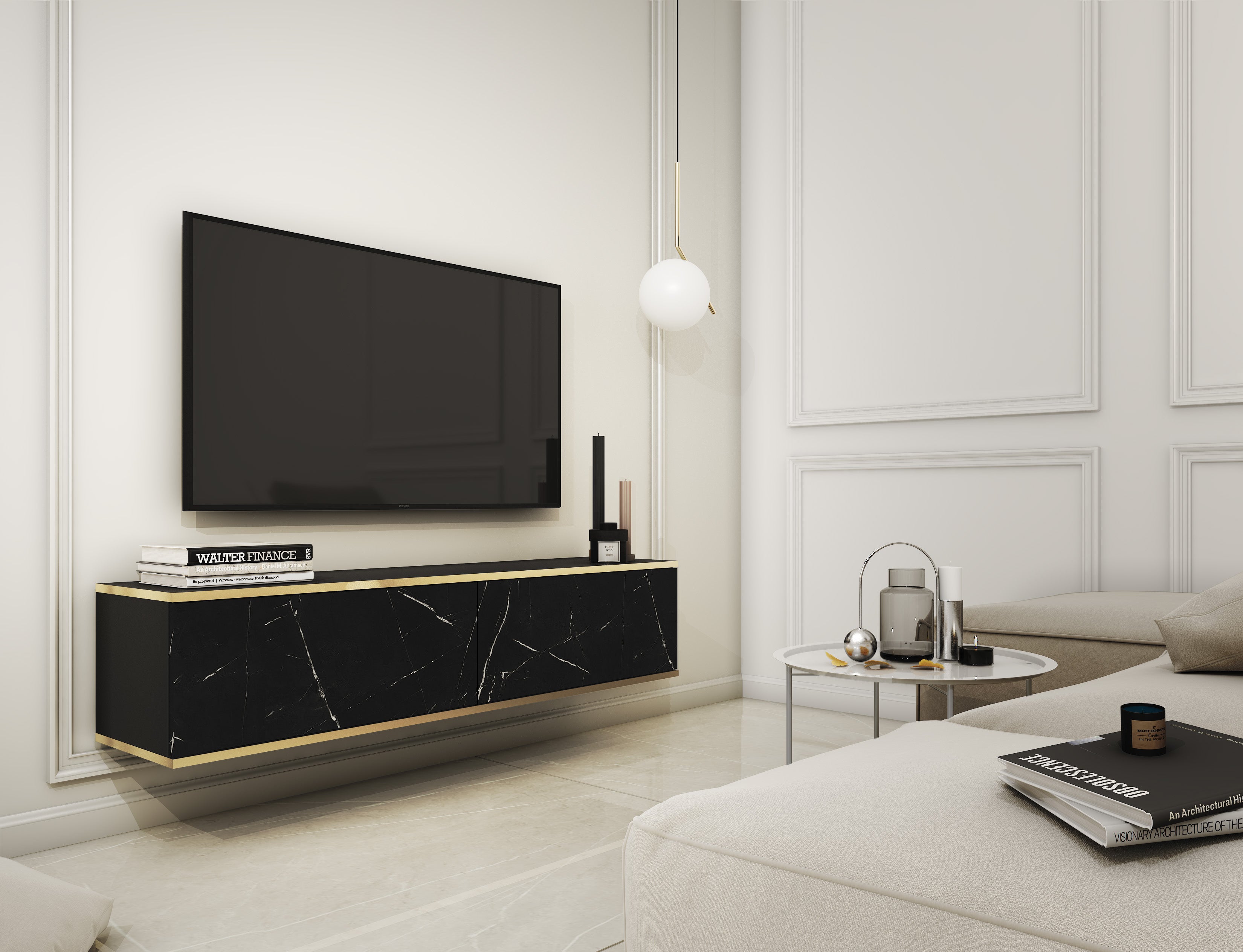 Szafka RTV, matowa czerń / Royal Black Marble, 135 x 30 x 32 cm, otwierany na naciśnięcie - 2
