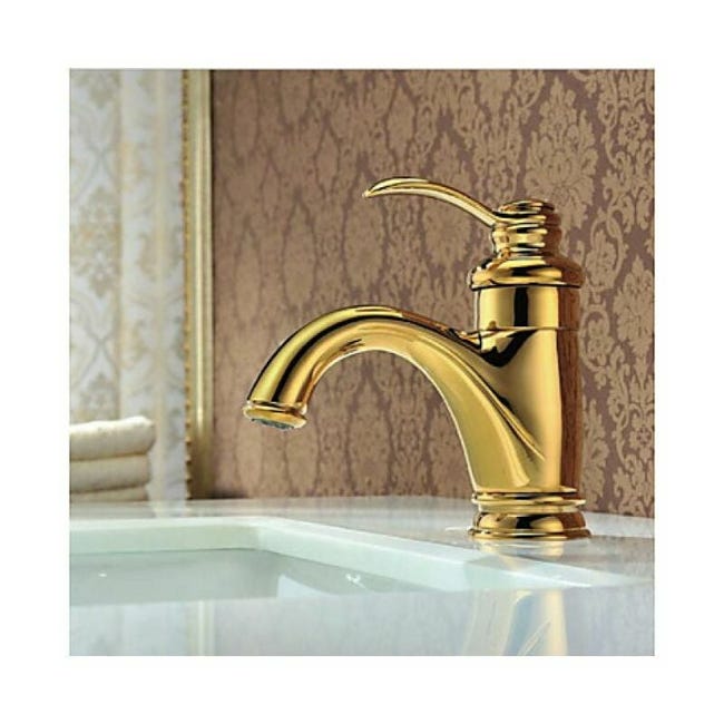 Złoty kran umywalkowy z jednym otworem (wąż doprowadzający wodę nie jest dołączony), kompatybilny z ciepłą i zimną wodą.