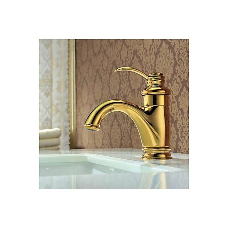 Złoty kran umywalkowy z jednym otworem (wąż doprowadzający wodę nie jest dołączony), kompatybilny z ciepłą i zimną wodą.