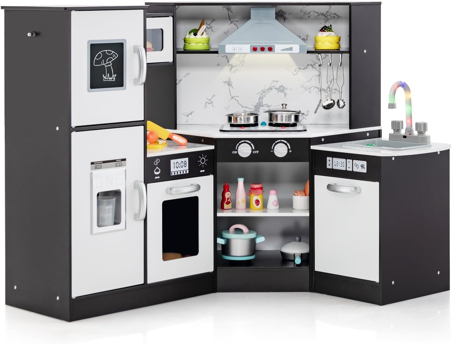 Cuisine Enfant COSTWAY En Bois Sapin - Avec Tableau Noir, Rideau, Réfrigérateur, Four, étagères - Idéal Pour 3 Ans Et Plus