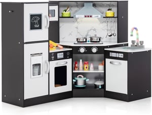 COSTWAY Cuisine d’Angle Enfants avec 16 Accessoires & Son & Lumière, Jeu de Cuisine Enfants avec Machine à Glaçon & Lave-Vaisselle Séparé Noir