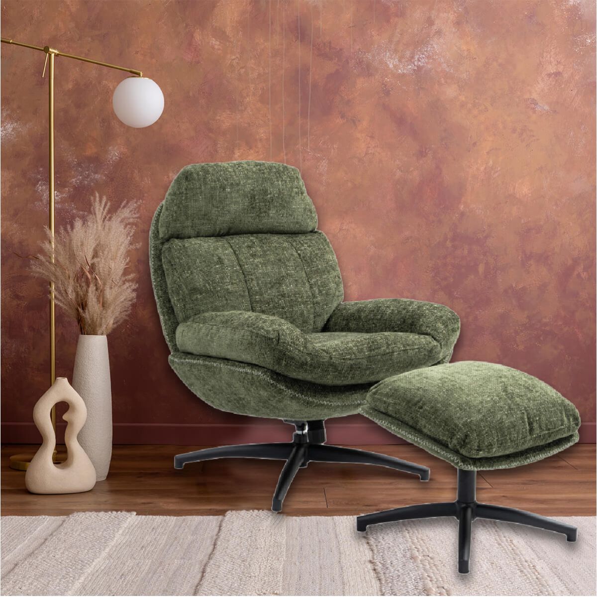 LOAM - Fauteuil Pivotant Inclinaison Réglable avec Repose Pieds Tissu Vert - 2