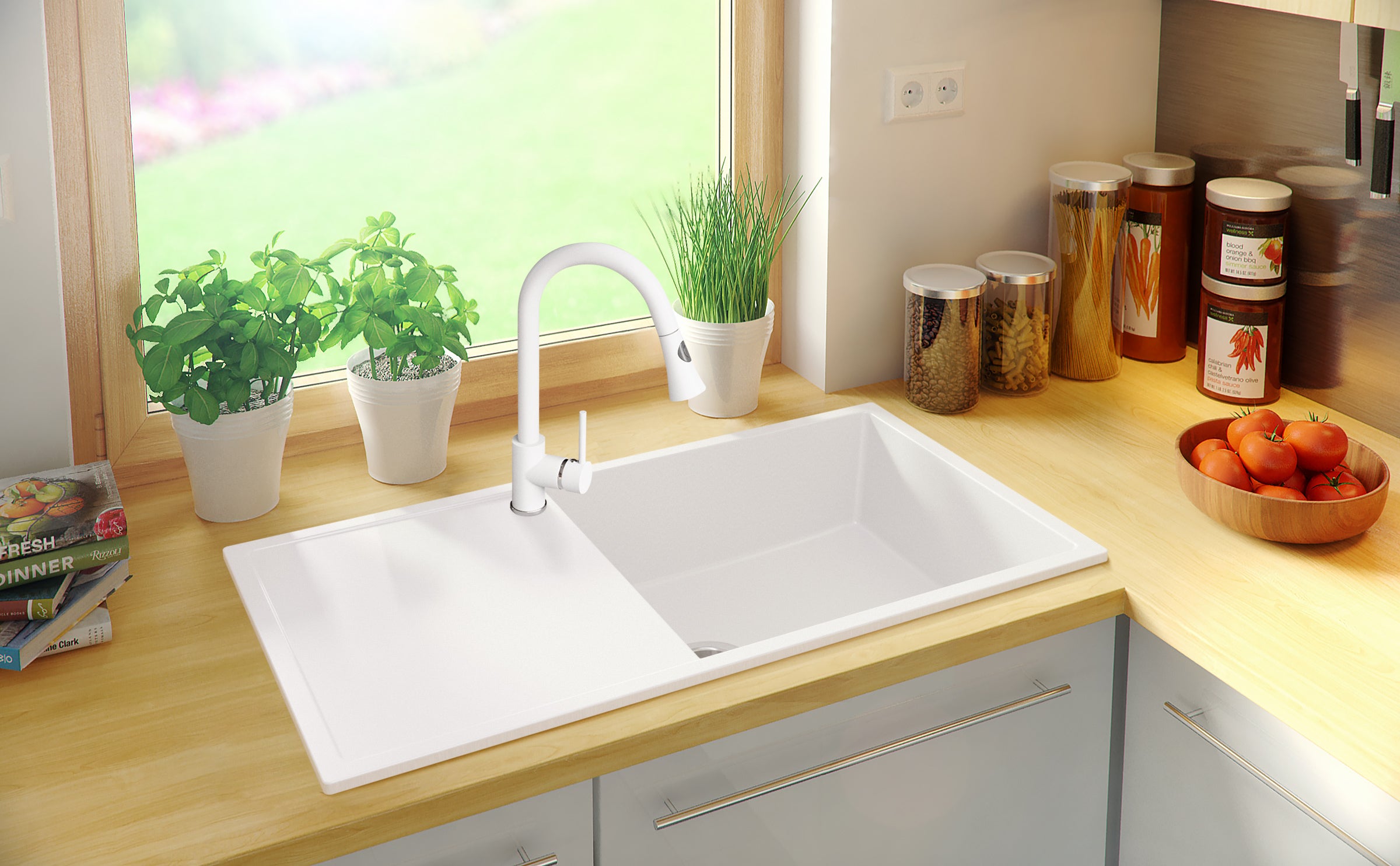 Evier Cuisine en Granit Blanc 90x50cm, Lavabo 1 bac + Kit de Vidage, Évier à Encastrer au meuble 60cm - Ibiza PRIMAGRAN - 8