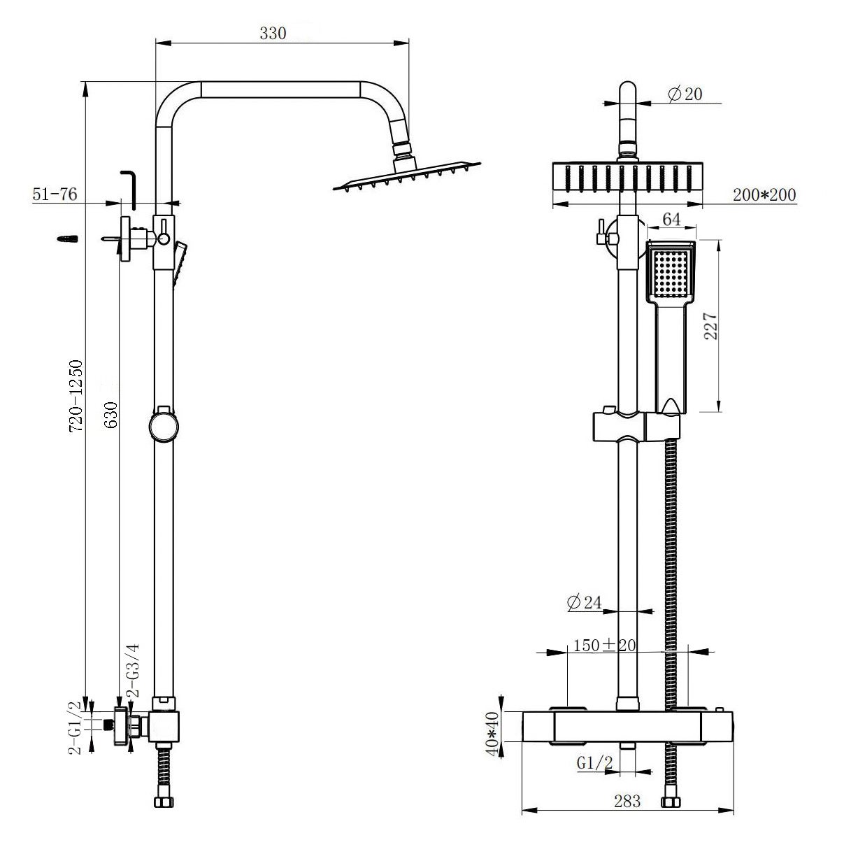 Aica Columna de Ducha Termostática Negro Mate Cuadrada Barra Ajustable Cabezal Duhca Lluvia - 6