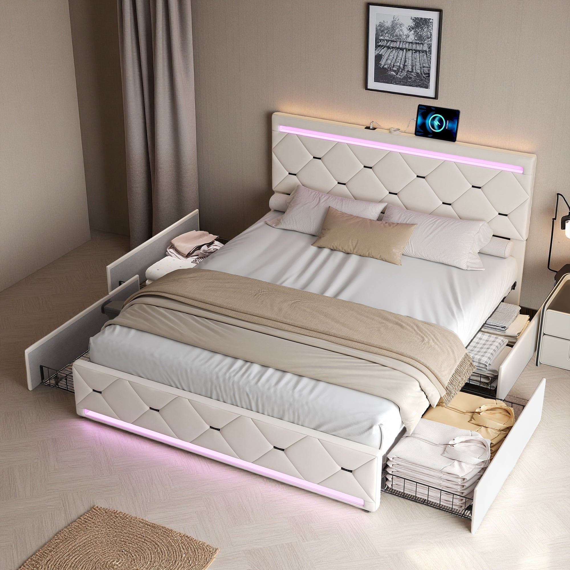 Lit 140x190 cm avec LED et 4 tiroirs, cadre de lit double avec sommier à lattes, lit adulte, tissu en velours, 140x190 cm, blanc cassé - 3