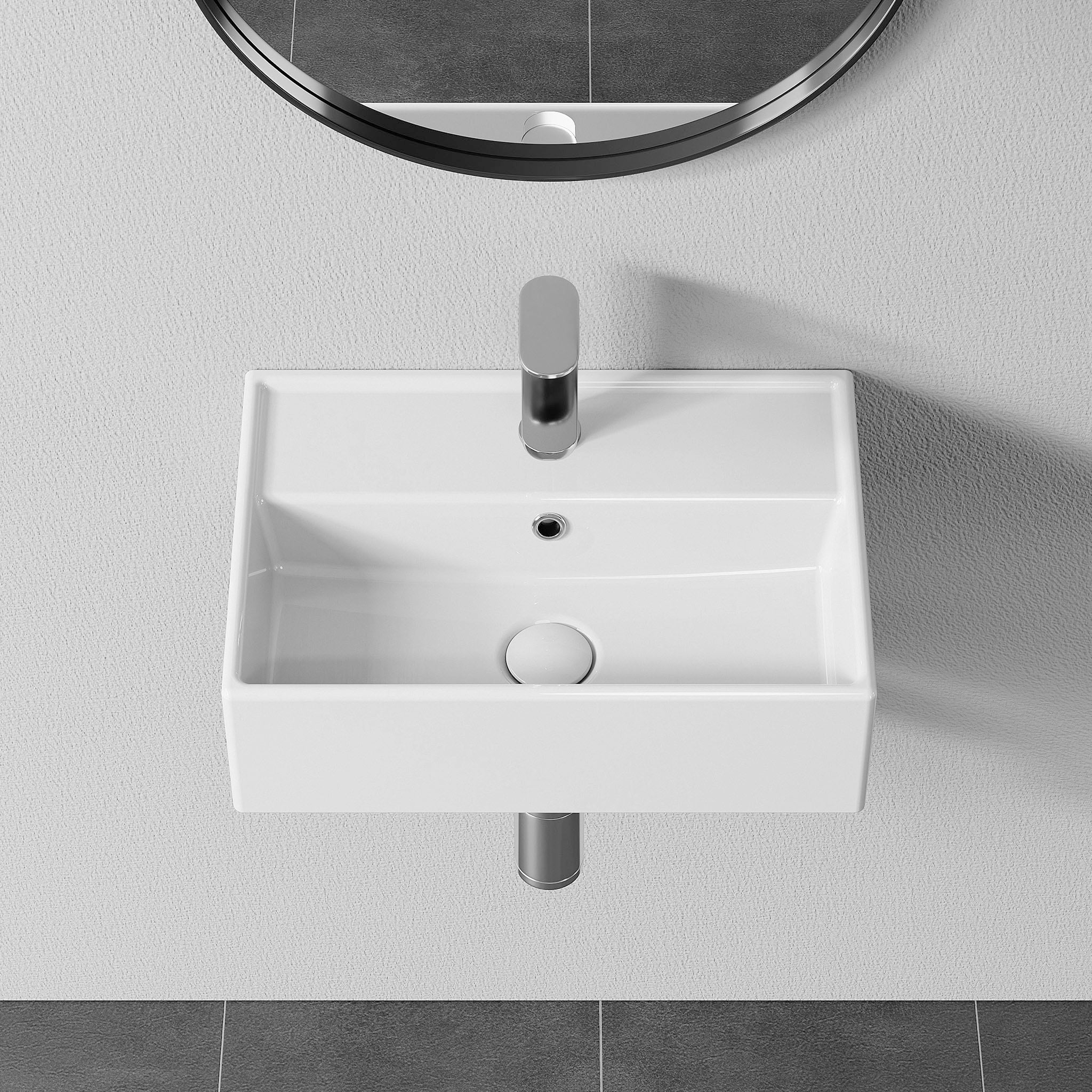 Lavabo en céramique, carré mural, vasque invité, vasque murale ou à poser avec trou pour robinet et trop-plein, 45 x 31 x 13,5 cm HOROW - 2