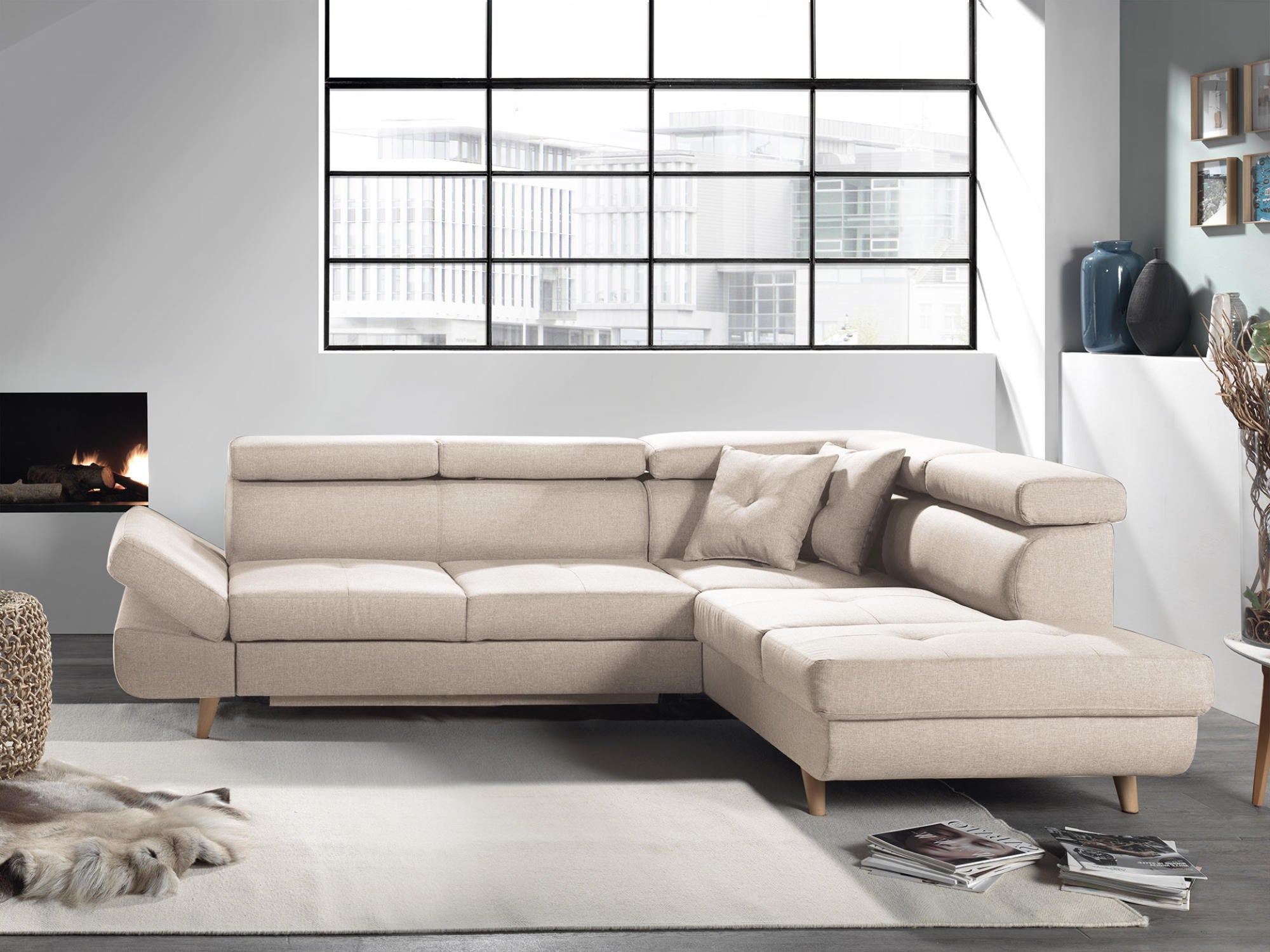 Canapé d'angle droit 5 places scandinave en tissu beige | Leroy Merlin