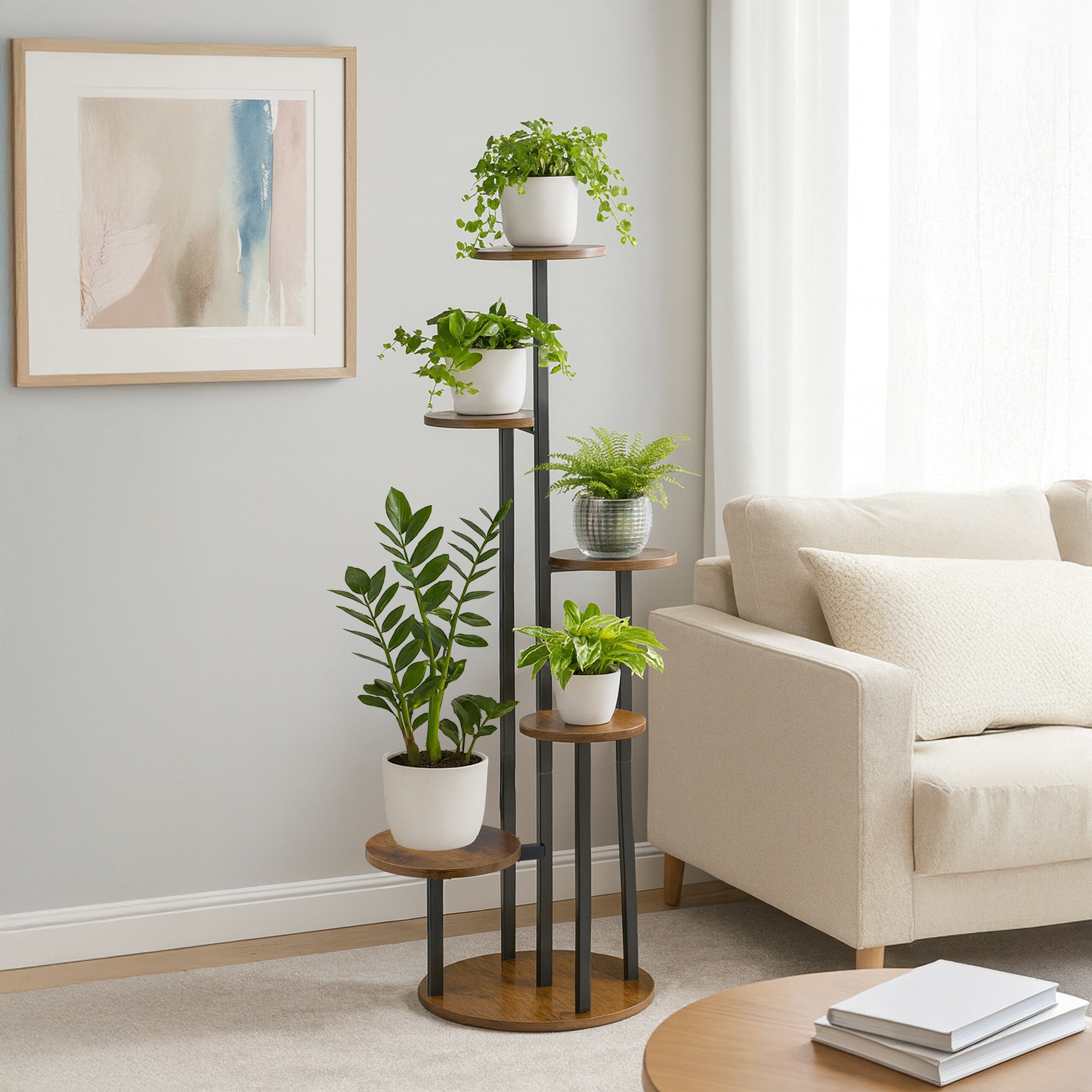 Étagère à plantes, 5 emplacements, fer et MDF, H x L x P : 118,5 x 58 x 58 cm,noir et marron, RELAXDAYS - 3