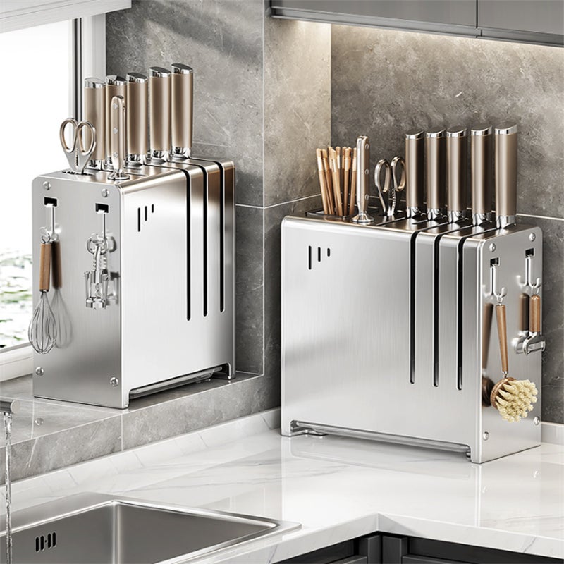 Soporte para cuchillos de cocina de acero inoxidable con cilindro para palillos – Organizador multifuncional, 22,5 x 11 x 24 cm - 5