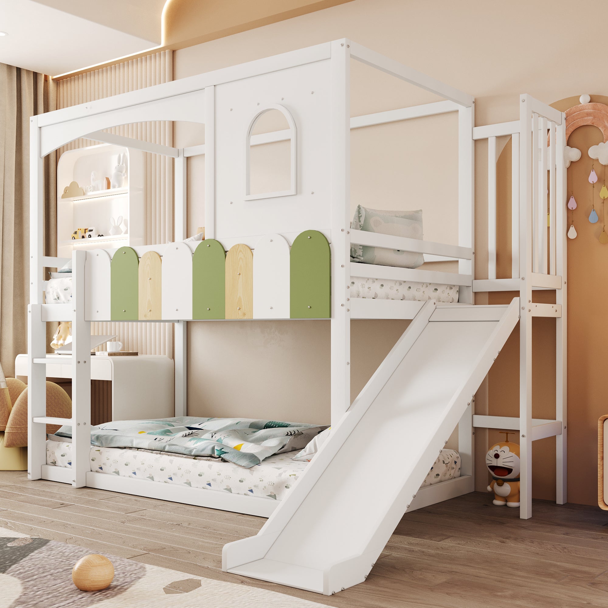 Łóżka piętrowe 2 x 90 x 200 cm ze zjeżdżalnią, barierkami i oknem - sosna + sklejka + płyta MDF - białe (materace nie są wliczone w cenę) - 3