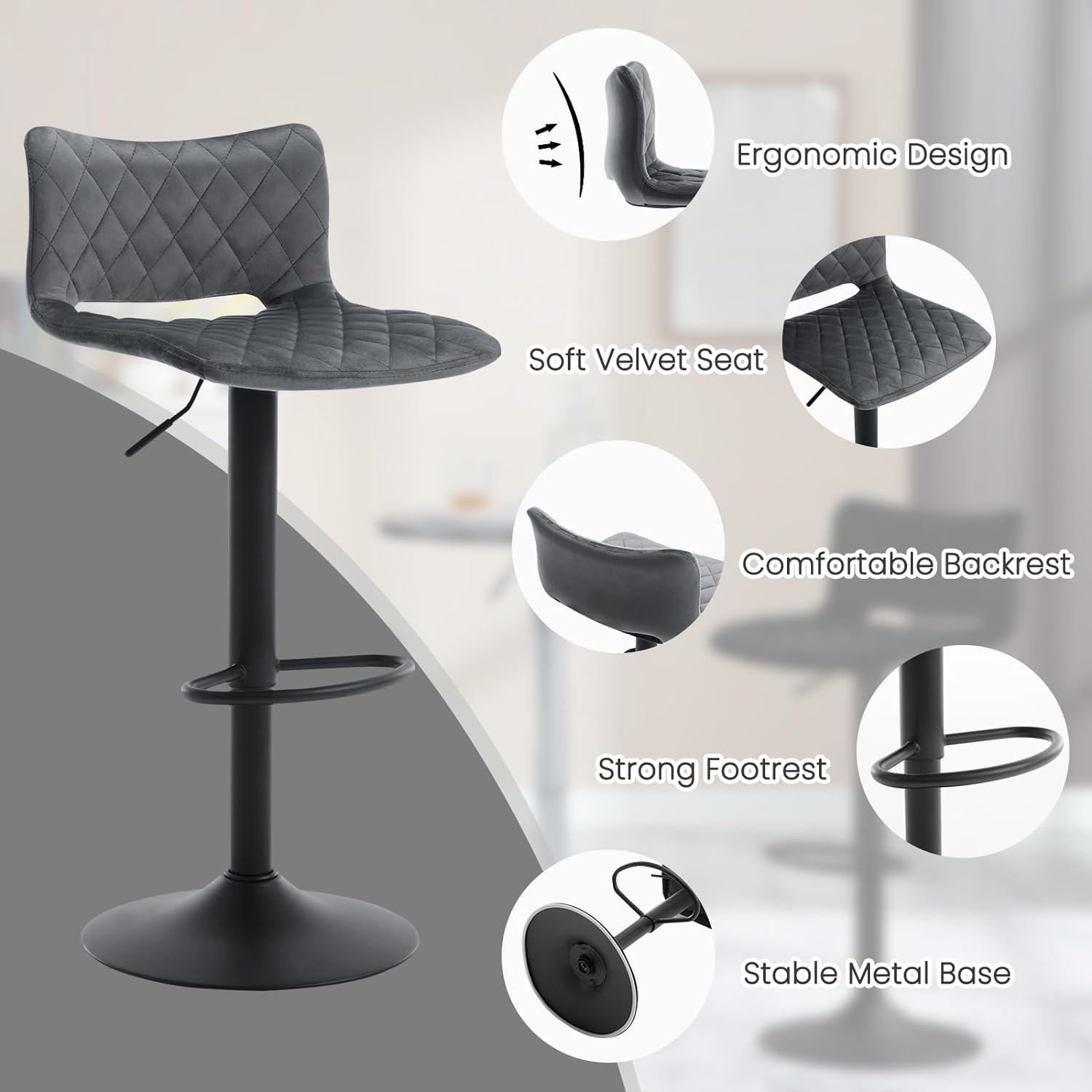 Lot de 2 Tabourets de Bar Pivotants, Réglable en Hauteur, Chaise de Salle à Manger en Velours, Gris foncé WOLTU - 5