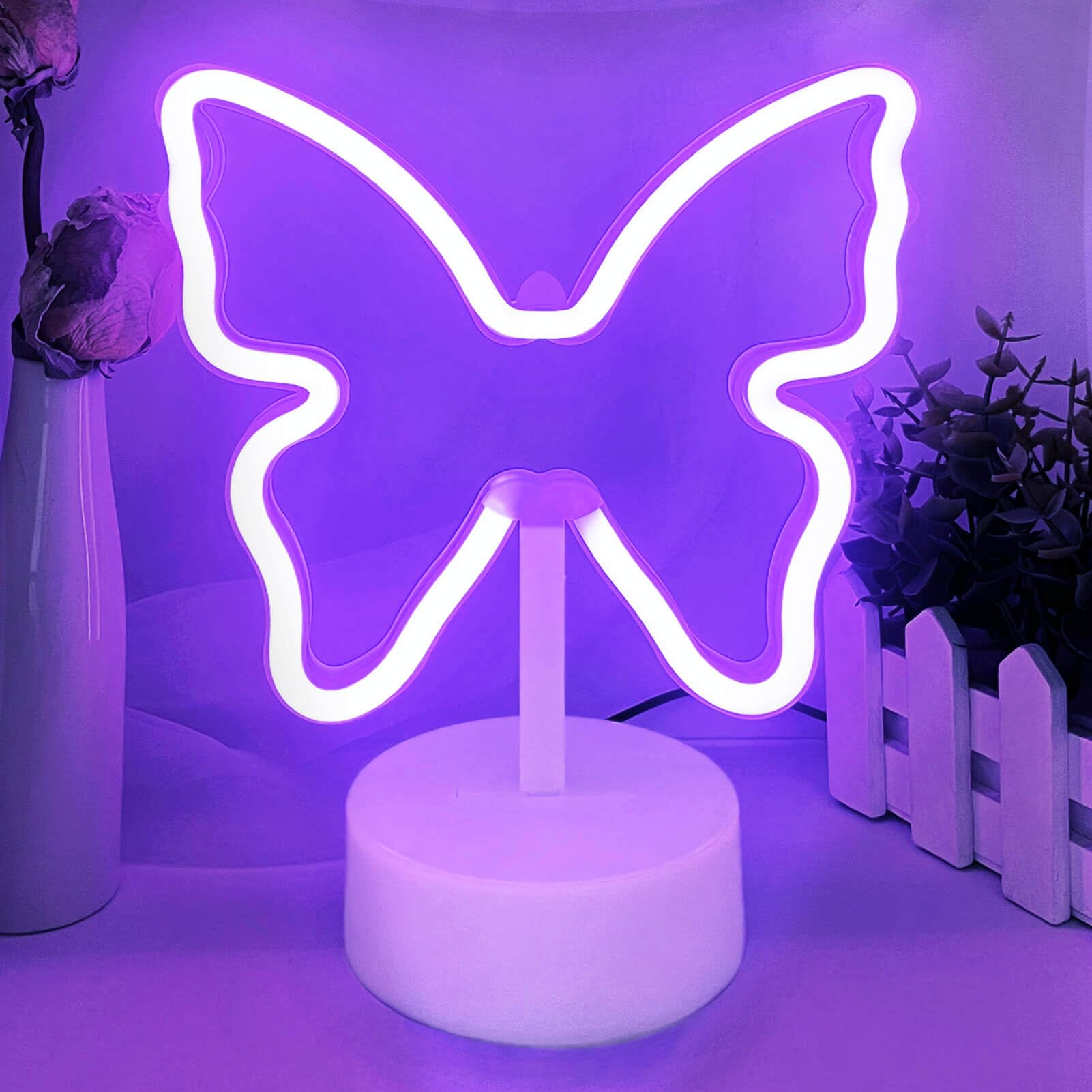 Fioletowa lampa stołowa motyl, dekoracyjna lampka nocna LED, dwufunkcyjna bateria + USB