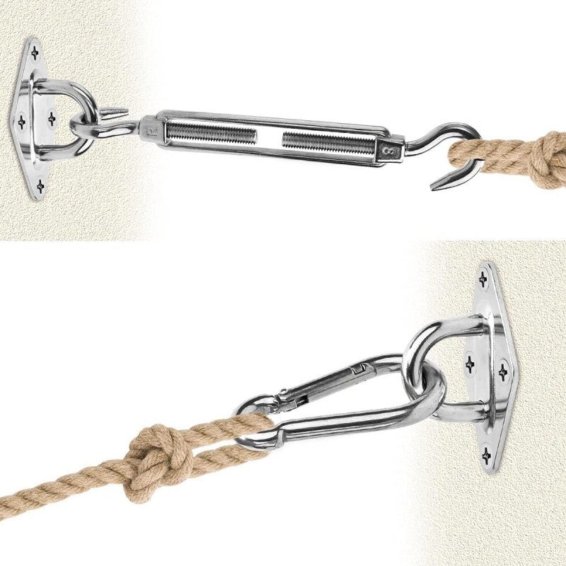 Kit de fixation pour Voile d'Ombrage Rectangulaire en acier inox: 4 fixations murales, 2 mousquetons et 2 tendeurs - 4