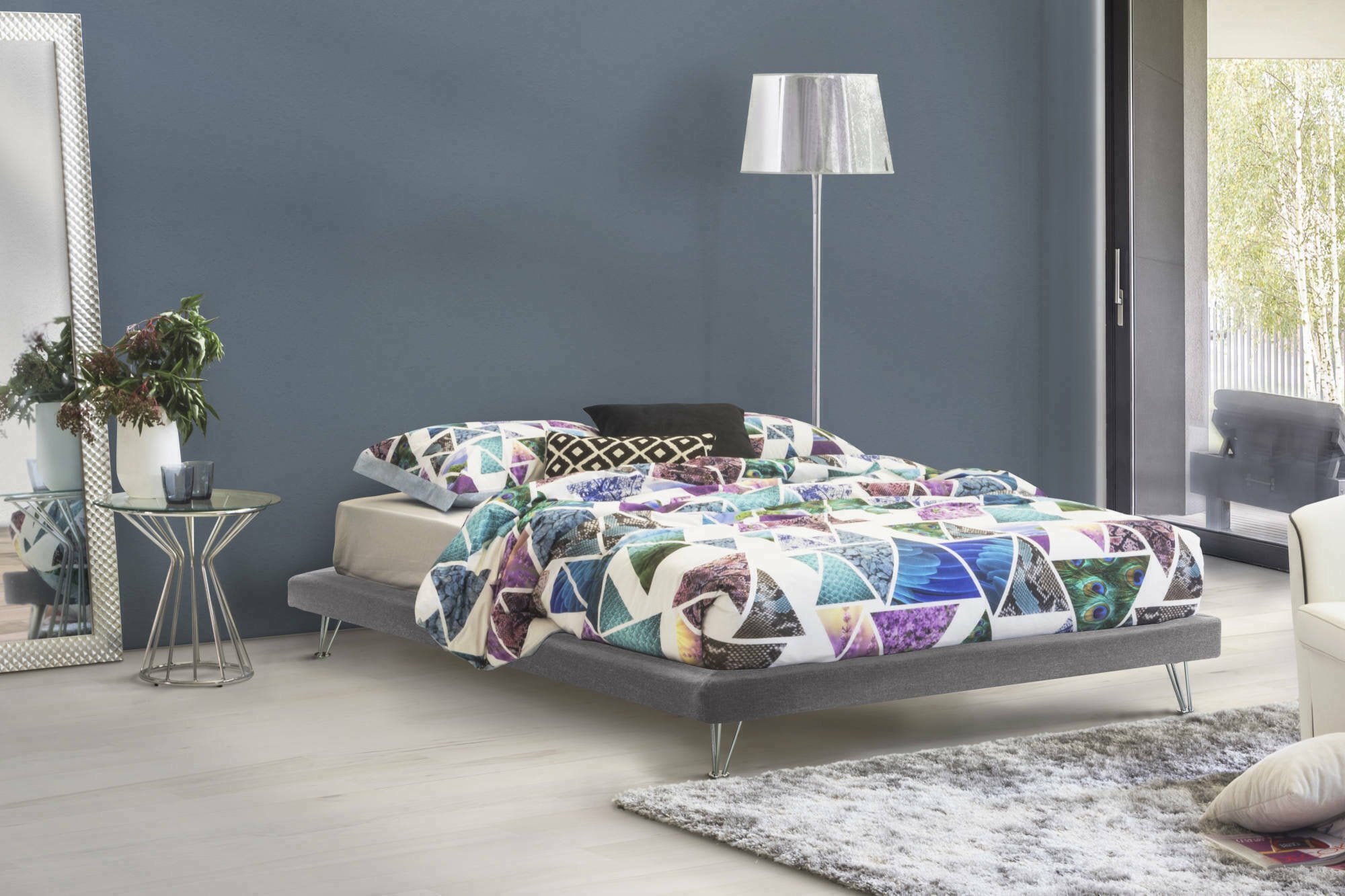 Lit double Isabella, Lit fixe en tissu avec pieds, 100% Made in Italy, adapté pour matelas 160x190 cm, Gris - 2