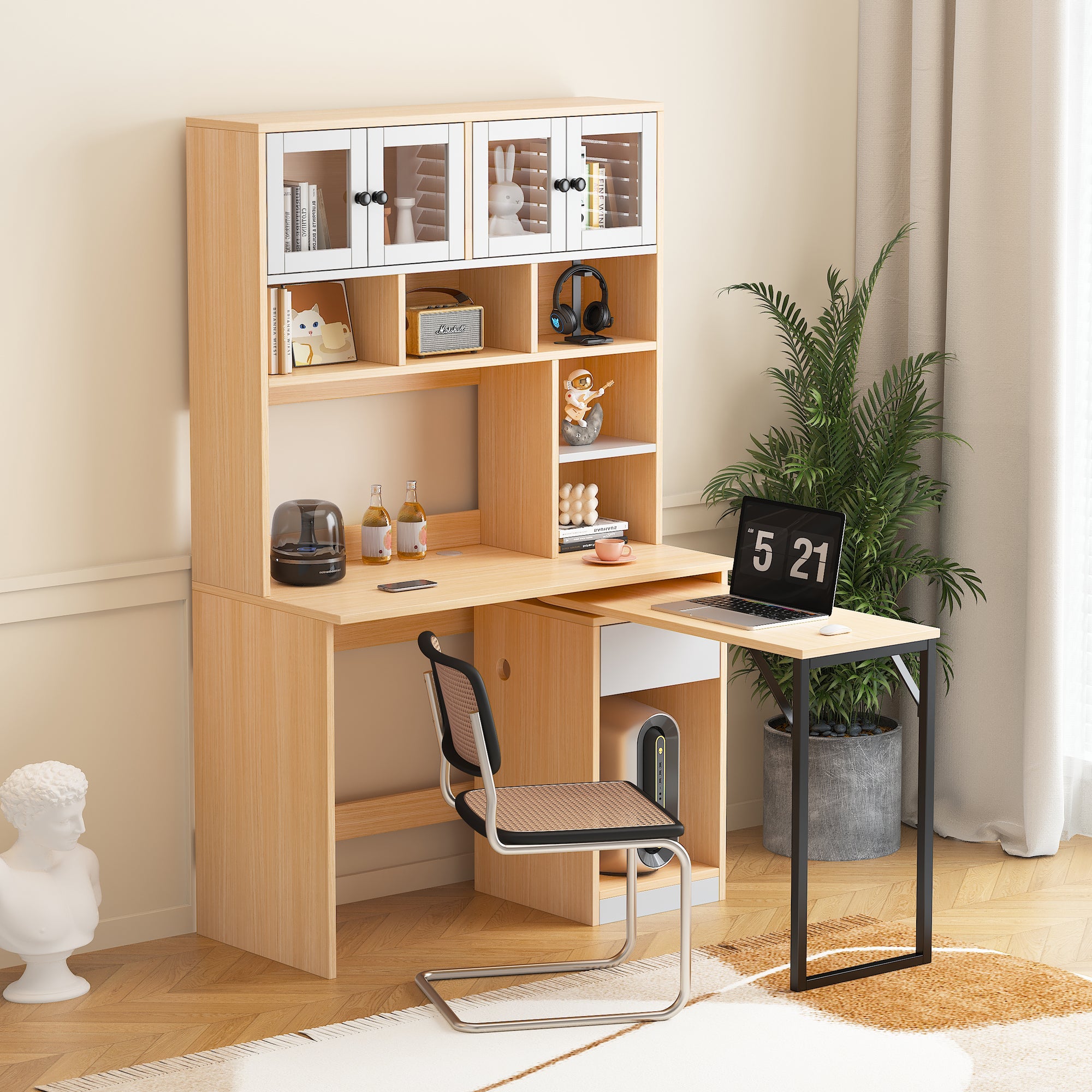 Bureau extensible d'ordinateur avec 1 tiroir, 4 portes et bibliothèque - 110 x 55 x 180 cm - bois MDF - naturel + blanc - 6