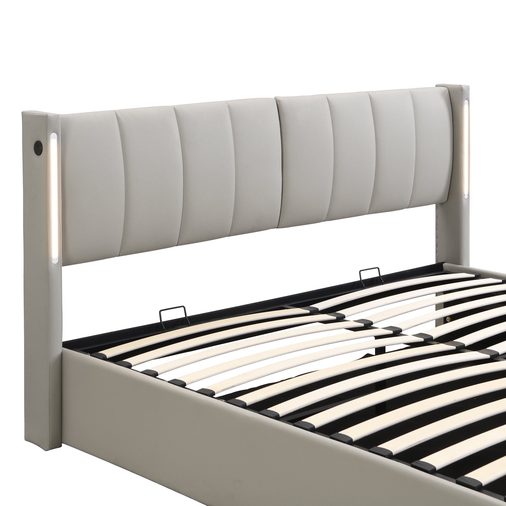 Cama contenedor tapizada en piel sintética - 160x200 cm - con puerto USB y LED - cabecero de ángulo ajustable - Gris - 9