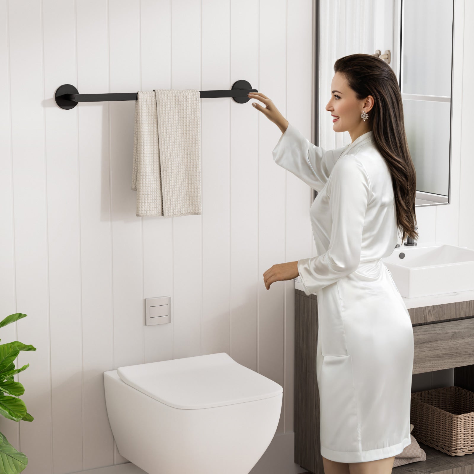 Porte-Serviettes SAIBEIER Noir Mat Pour Salle De Bain | Support T Autoportant Acier Inox 304