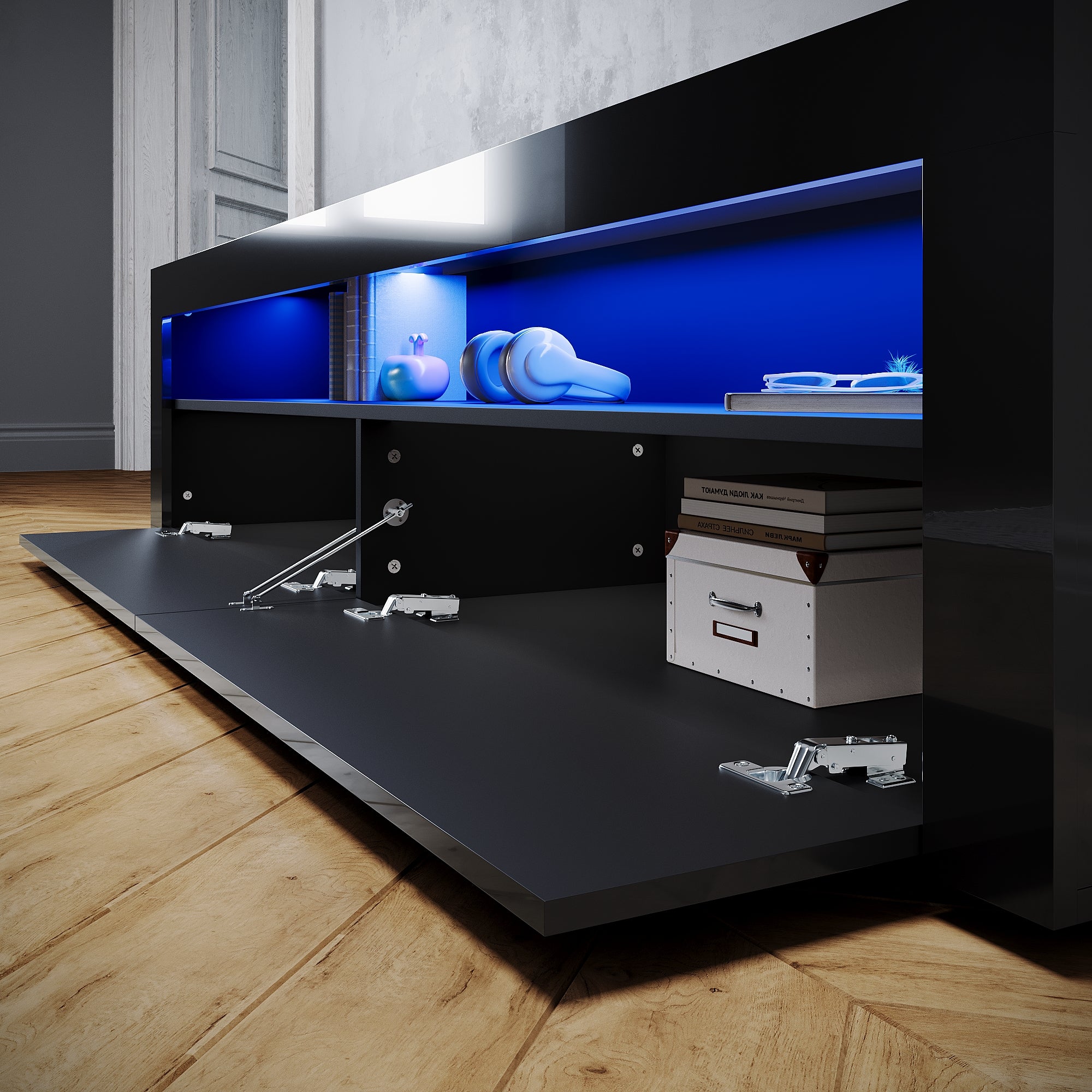 SIRHONA Meuble TV LED Moderne Sans Tirette + Double Porte + Noir + 180cm - 4