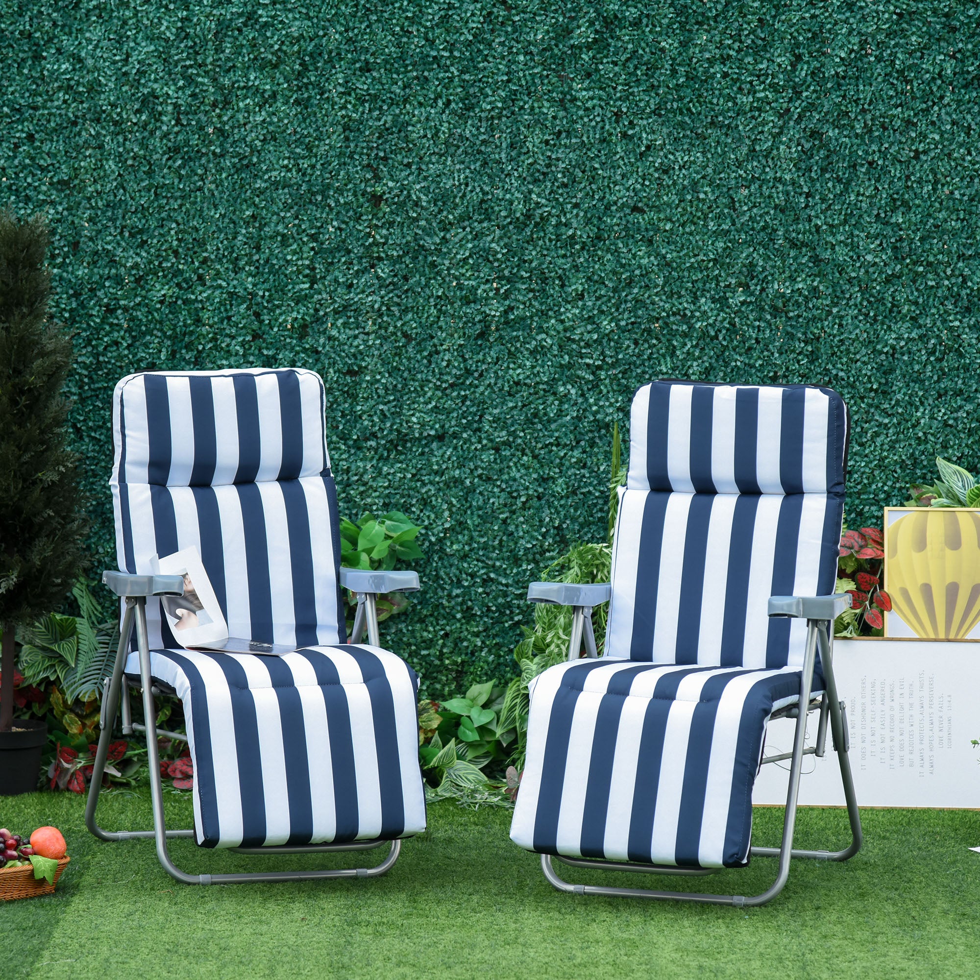 Lot de 2 chaises longues pliantes avec accoudoirs, pliables, 5 positions, coussin, bleues, 60 x 75 x 102 cm - 4