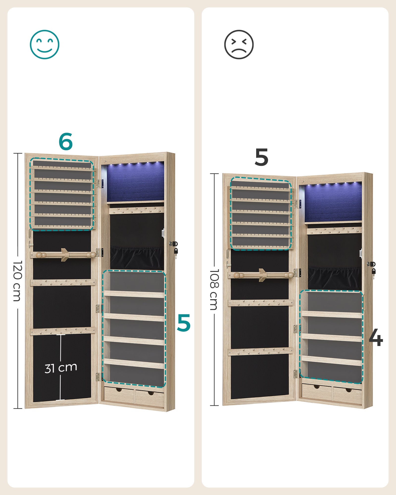 Armoire à Bijoux, Placard à Accessoires, avec Miroir, Divers Compartiments, Verrouillable, Couleur Chêne - 8