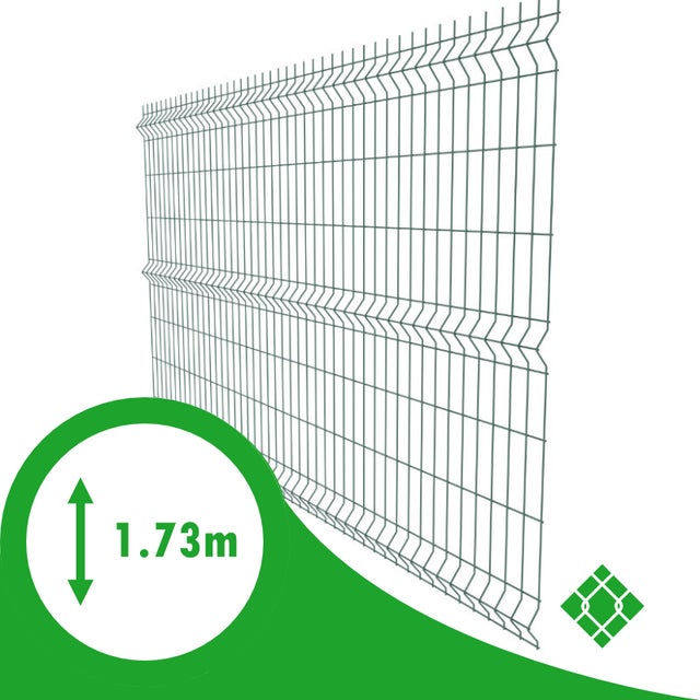 KIT 30m: Panneau Rigide Grillage Clôture H1.73m x L2.50m Vert + poteaux carrés à sceller