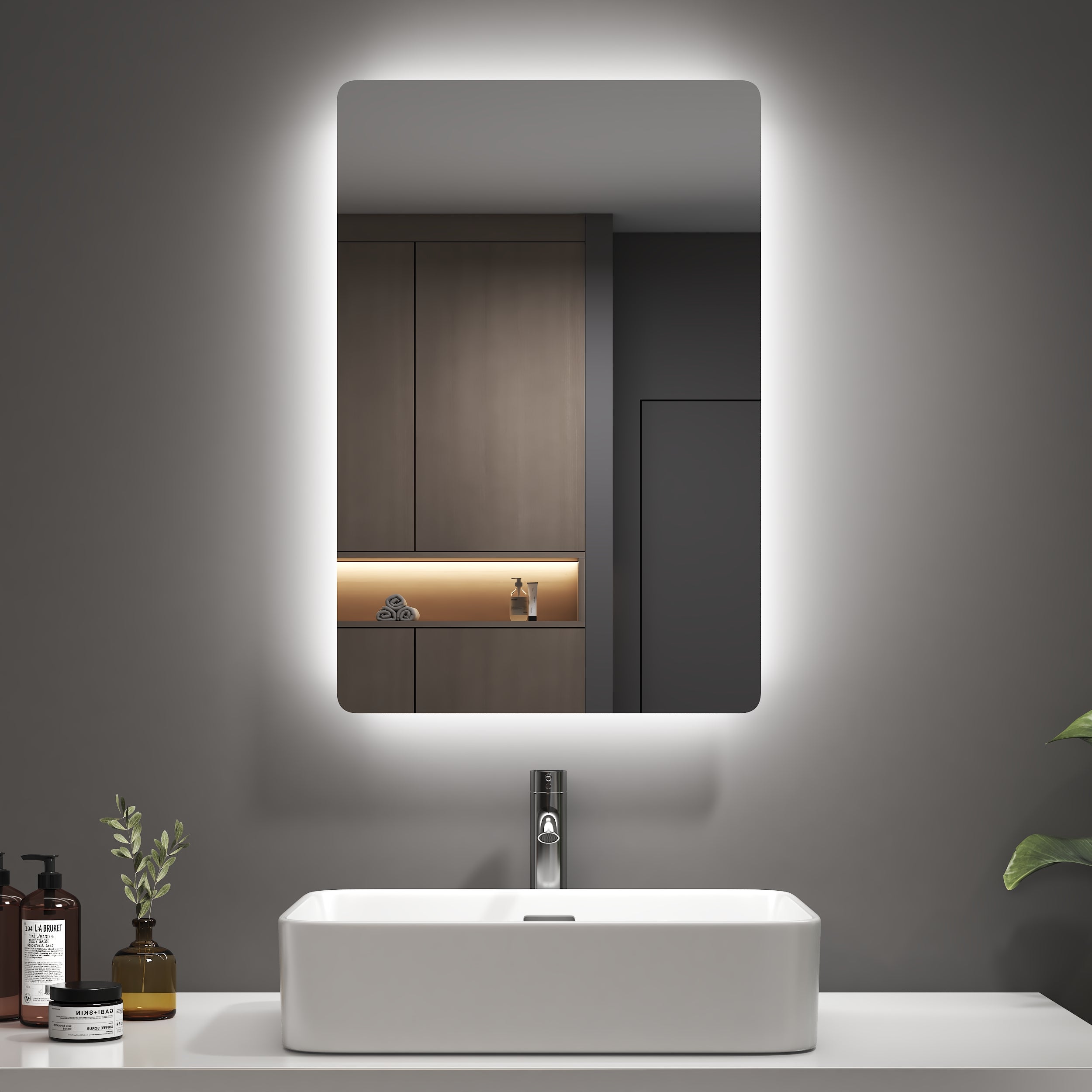 EMKE Lustro łazienkowe z oświetleniem LED 60x40 cm, z 3000/6500K, przeciwmgielne, funkcja pamięci, włącznikiem przyciskowym, bezramowe