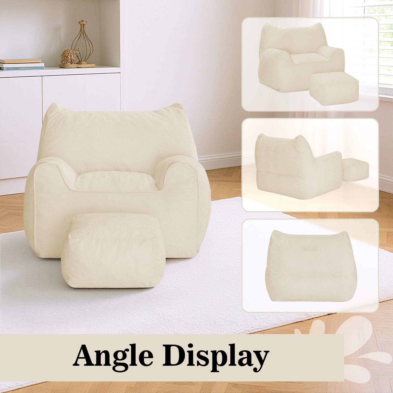 Poltrona in velluto a coste, poltrona a sacco con poggiapiedi, 90x75x75cm, per camera da letto, soggiorno, regalo di Natale - Beige - 7