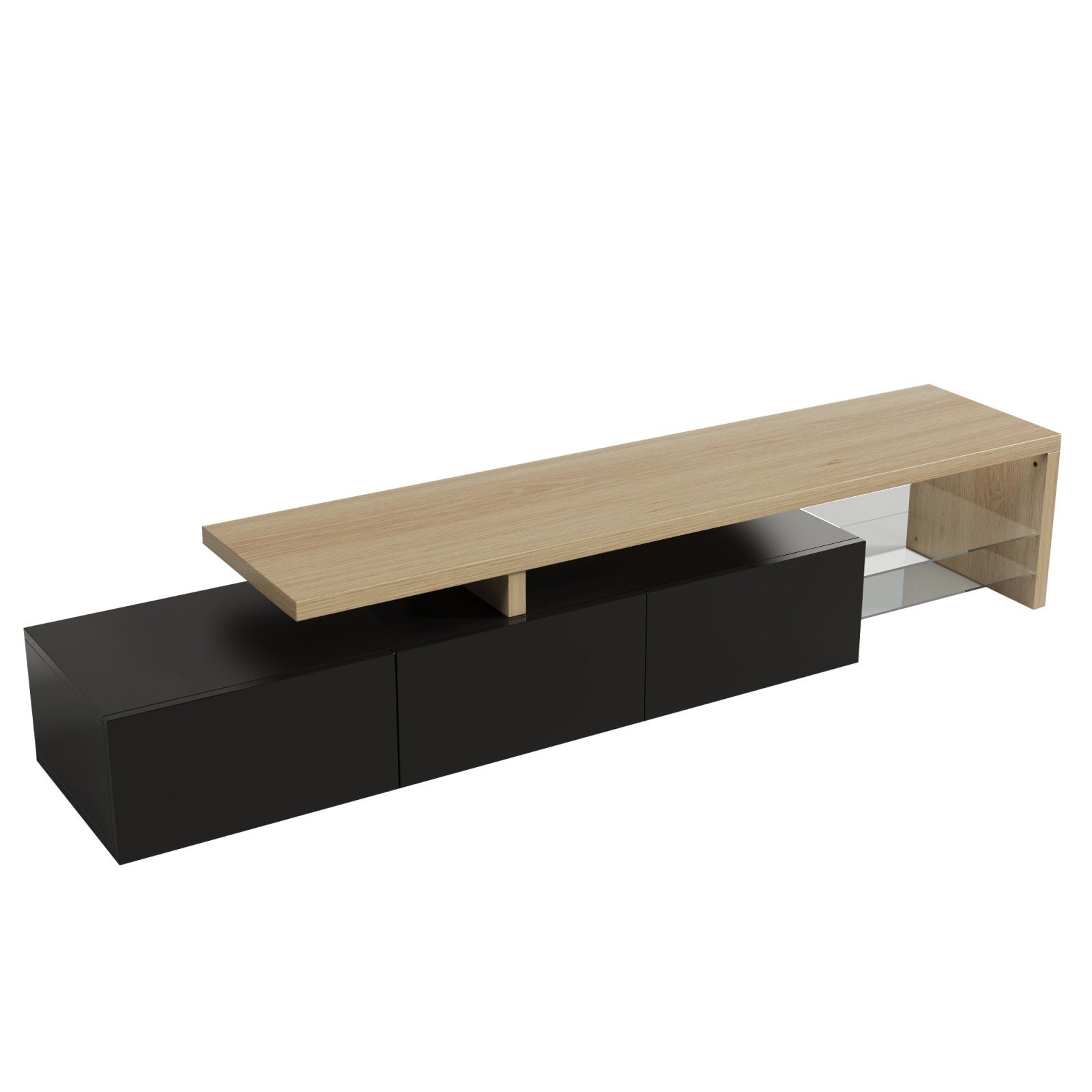 Meuble TV Moderne avec lumières LED Variables, 3 Portes et étagères en Verre – Noir - 2