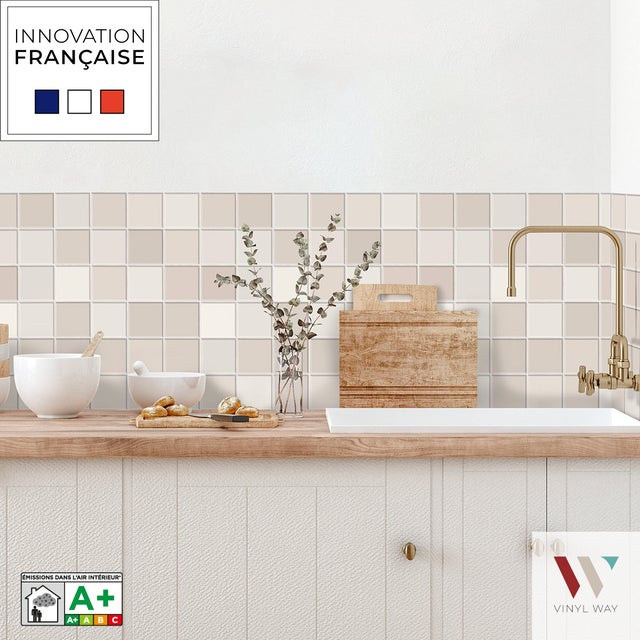 8 carreaux adhésifs 20x20cm Luna / Mosaïque carré / blanc / pour douche, murs, sol, cuisine, salle de bain…