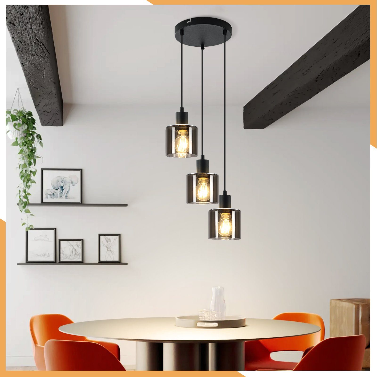 NETTLIFE Lámpara Colgante Vidrio Negro Diam.26cm E27 Sala de Estar 3 Bombillas Lámpara de Vintage Lámpara Industrial Regulable en Altura - 7