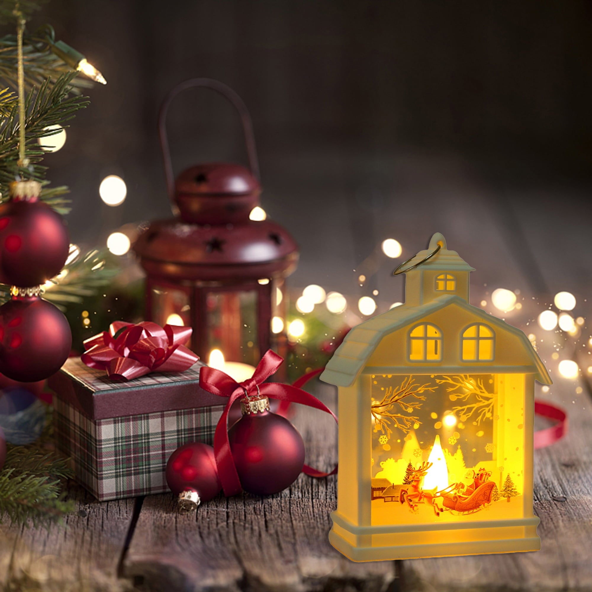 Lanterne d'élan de Noël 1 pièce, lanterne portable de style Noël, veilleuse de Noël alimentée par batterie, lumière chaude (piles incluses) - 6